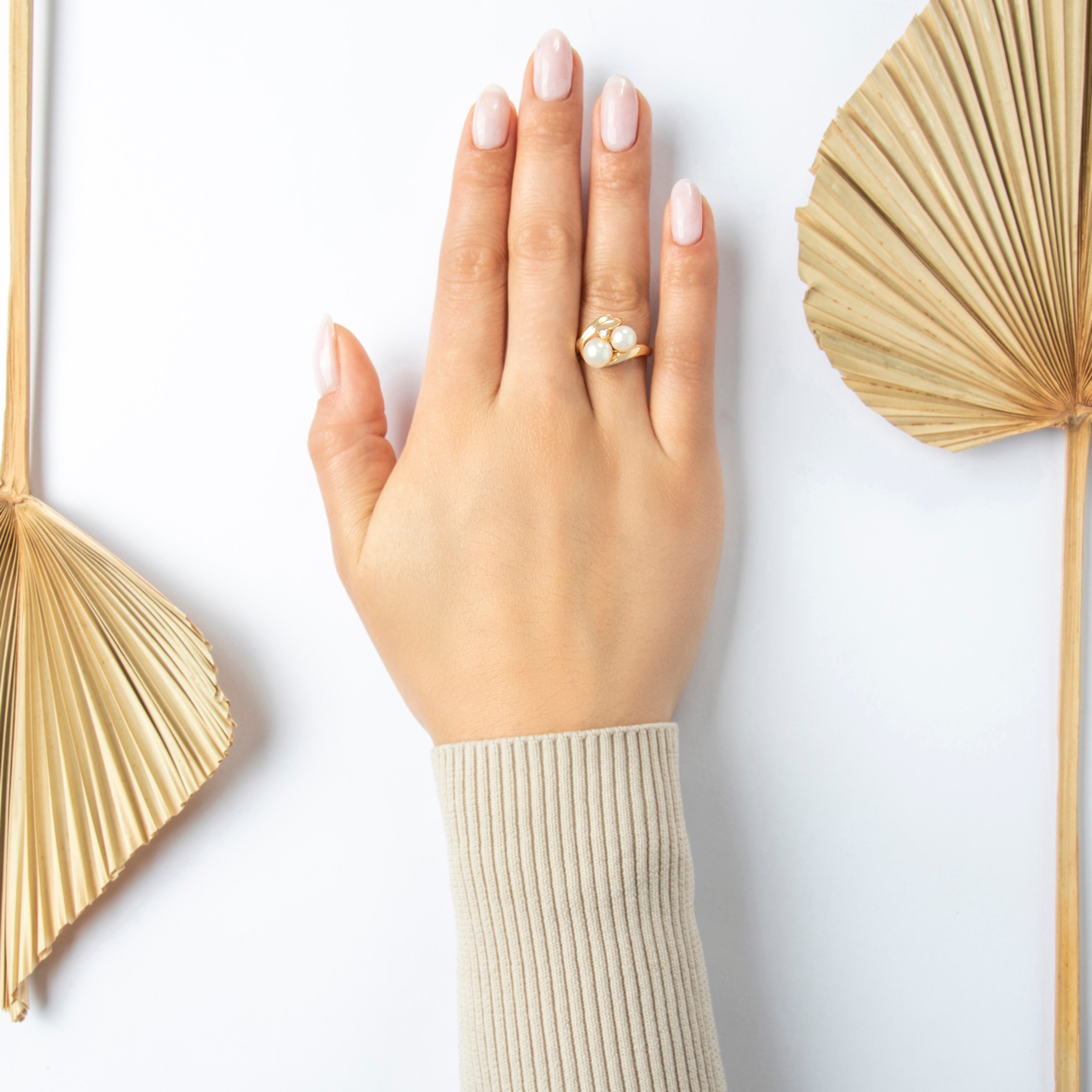 Vintage 14k Yellow Gold Pearl Diamond Nestled Trio Ring - On model view