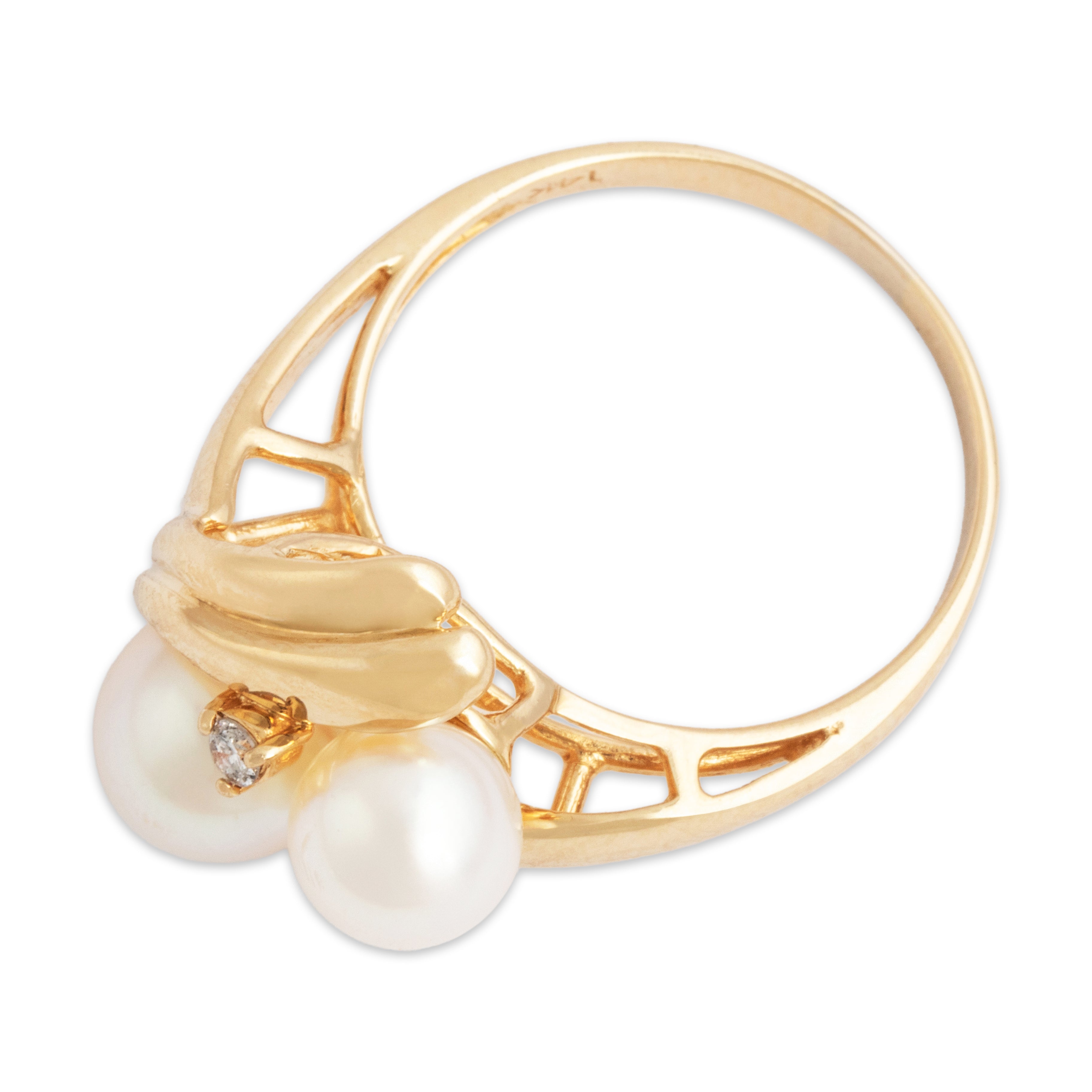 Vintage 14k Yellow Gold Pearl Diamond Nestled Trio Ring - Overall view
