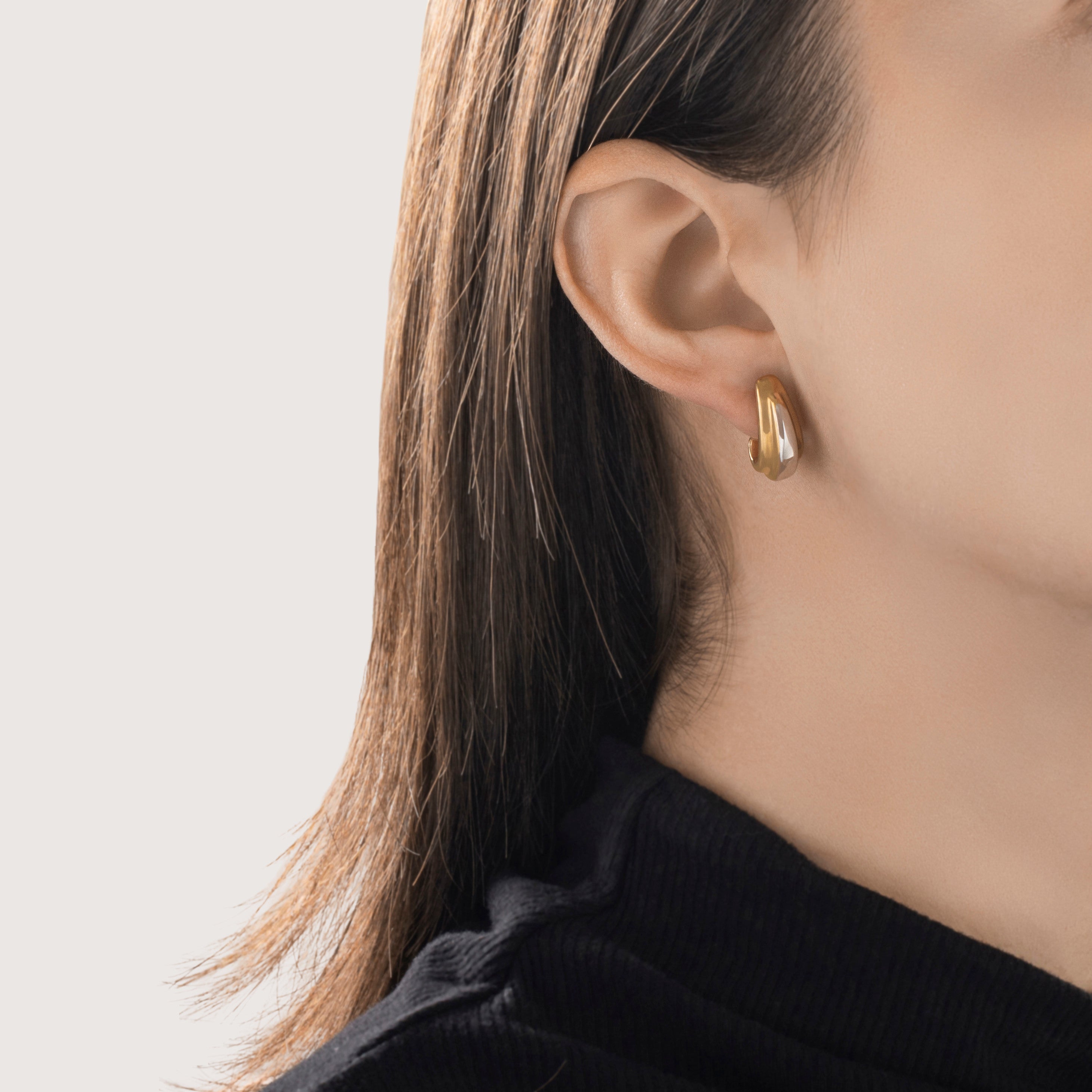 Vintage 14k Yellow & White Gold Ribbed Half-Hoop Earrings - On model view