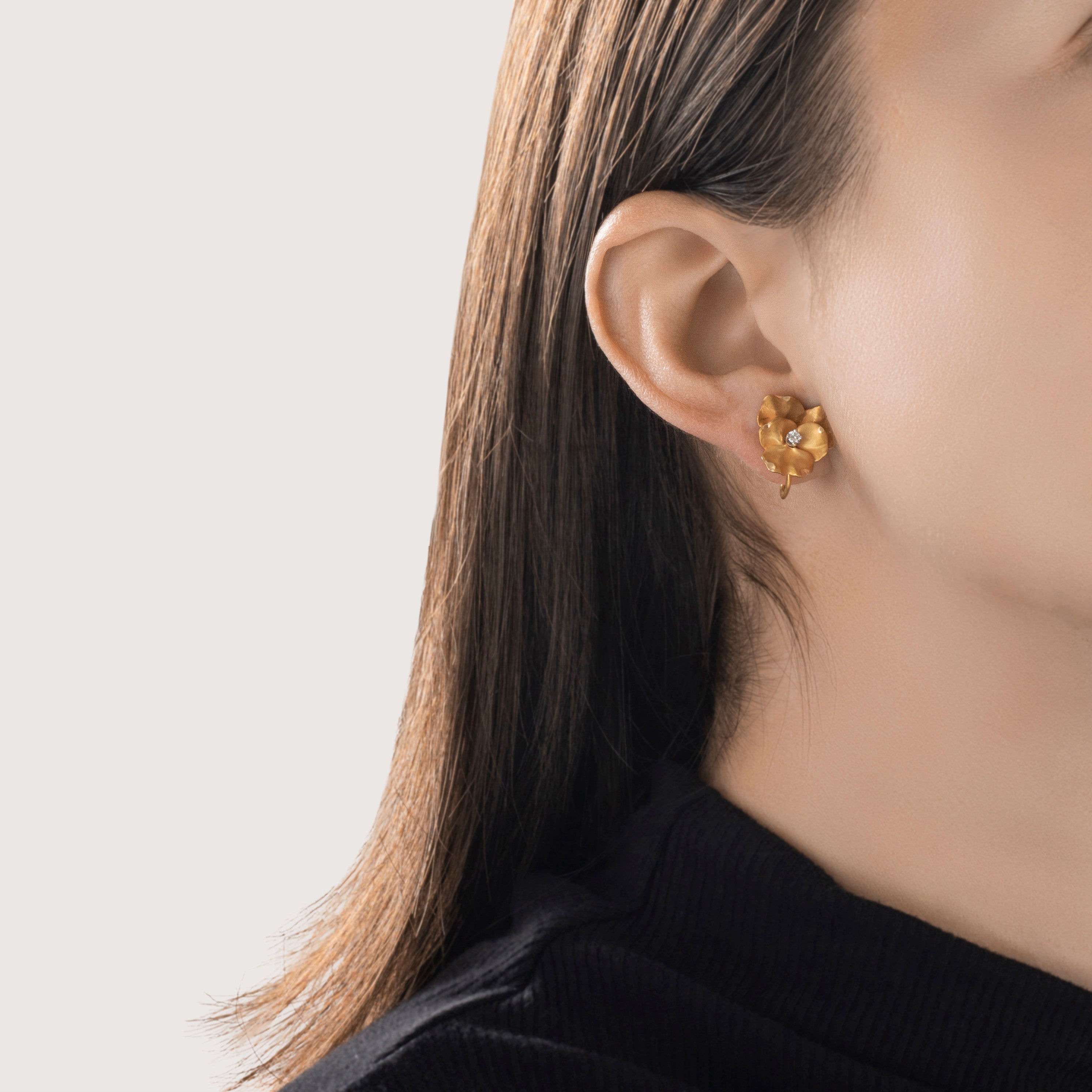 Vintage 14k Yellow Gold Diamond Dazzling Pansy Screwback Clip Earrings - On model view