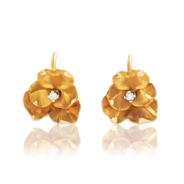 Vintage 14k Yellow Gold Diamond Pretty Satin Pansy Screw-Back Earrings