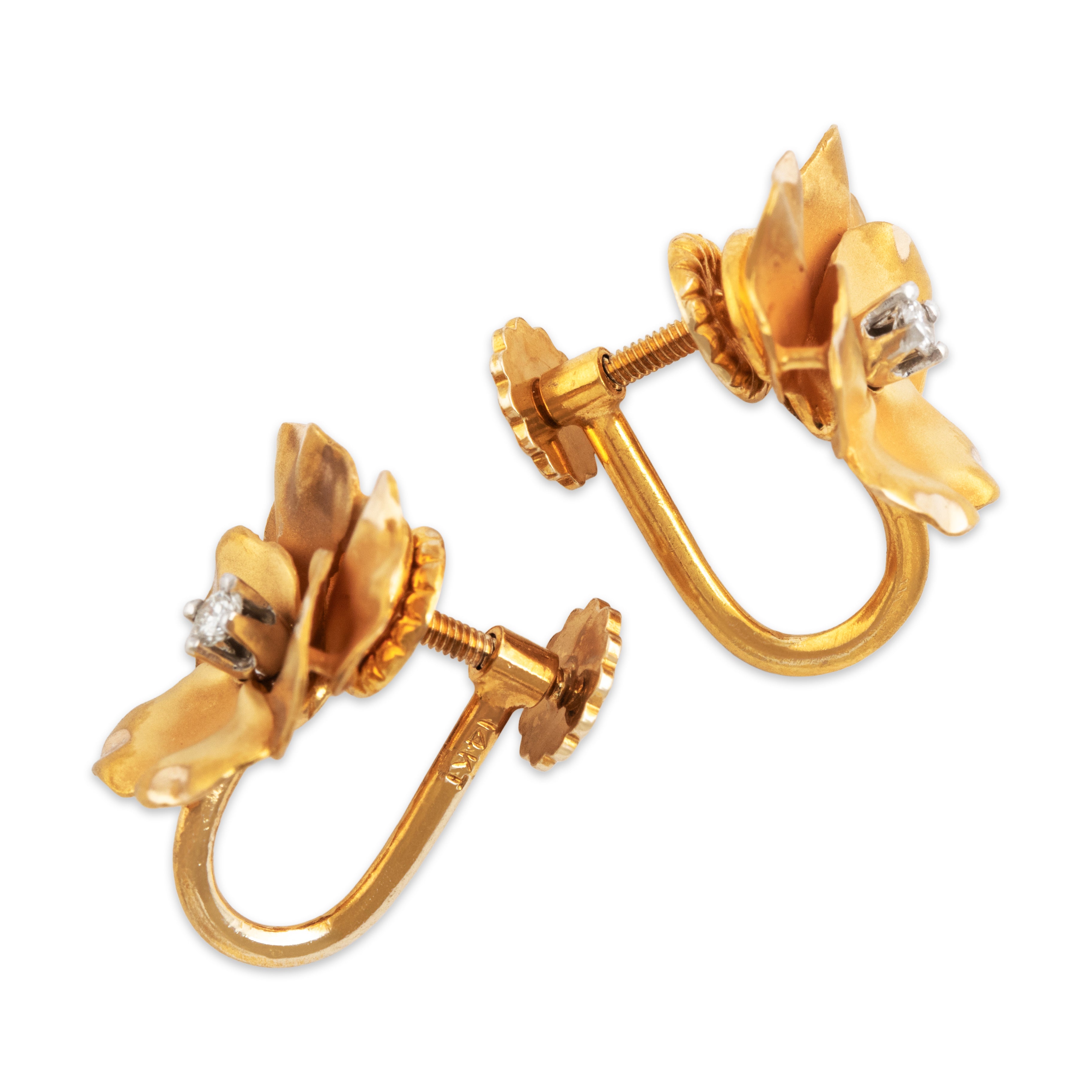 Vintage 14k Yellow Gold Diamond Dazzling Pansy Screwback Clip Earrings - Side view