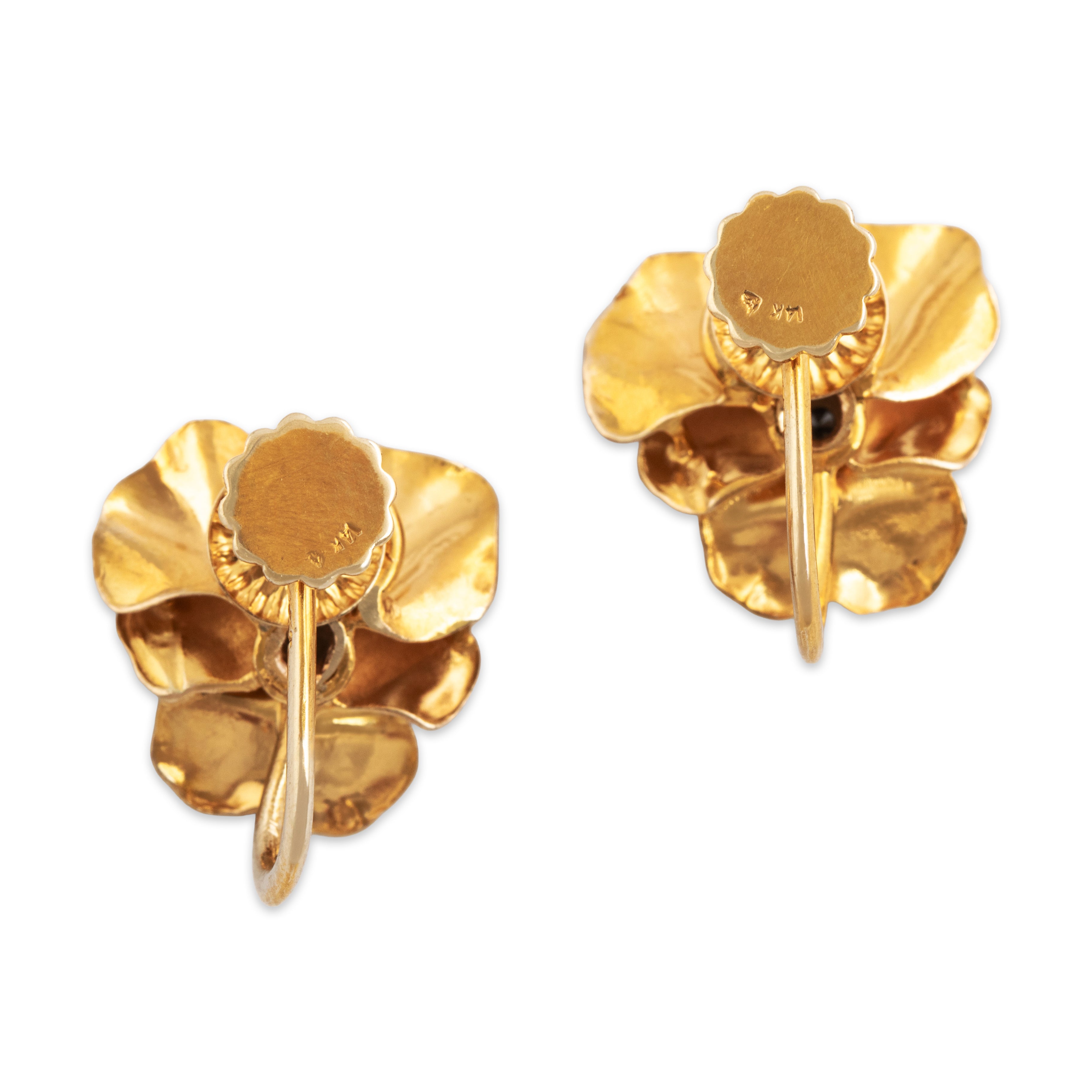 Vintage 14k Yellow Gold Diamond Dazzling Pansy Screwback Clip Earrings - Back view