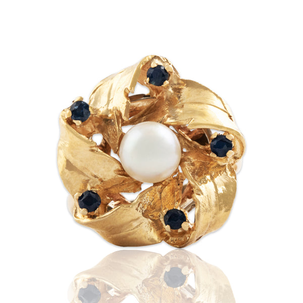 Vintage 14k Yellow Gold Pearl Blue Sapphire Foliate Pinwheel Ring 7.00