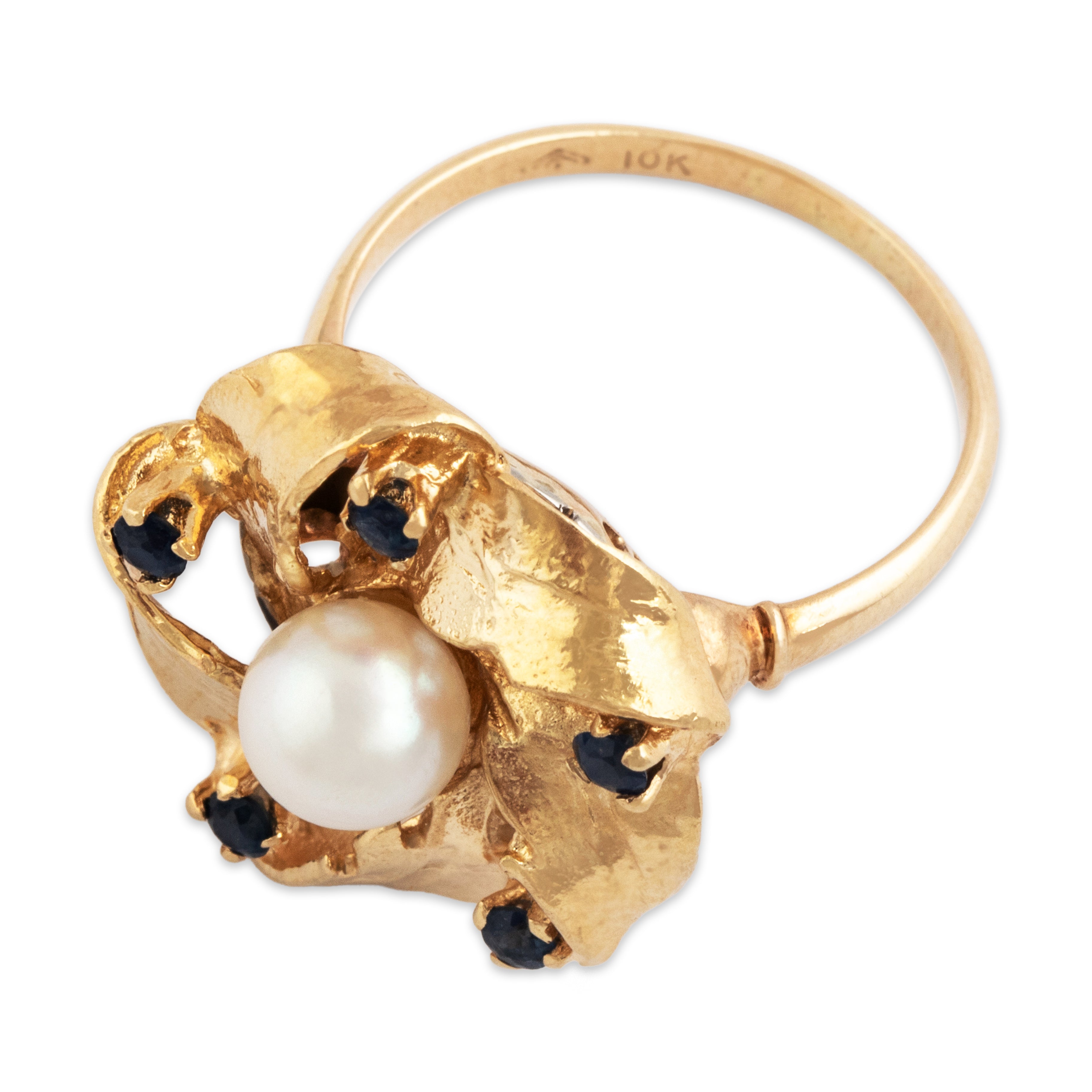 Vintage 14k Yellow Gold Pearl Blue Sapphire Foliate Pinwheel Ring - Overall view