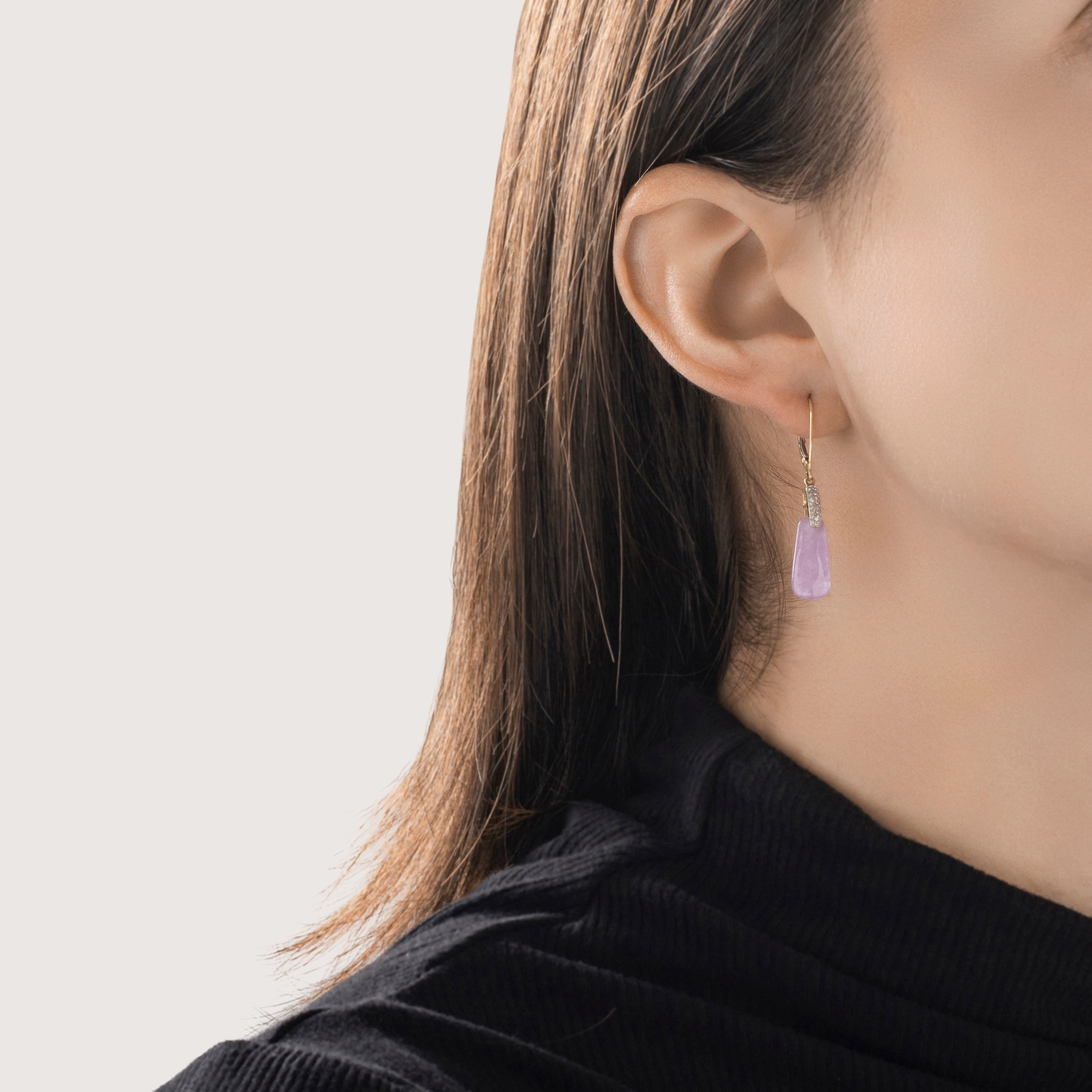 Vintage 10k Yellow Gold 6.7cttw Lavender Jade Diamond Chic Dangle Earrings - On model view