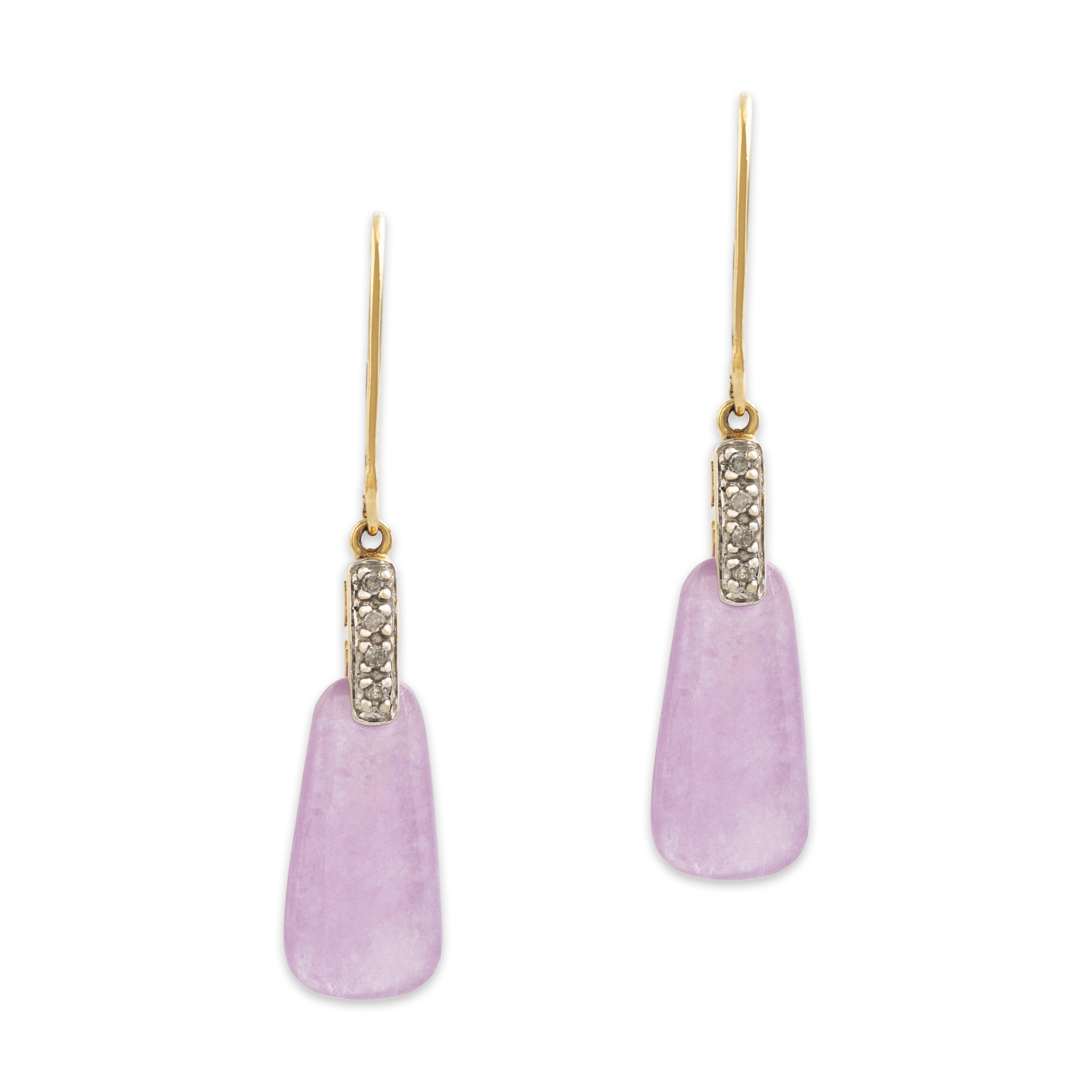 Vintage 10k Yellow Gold 6.7cttw Lavender Jade Diamond Chic Dangle Earrings - Close-up view
