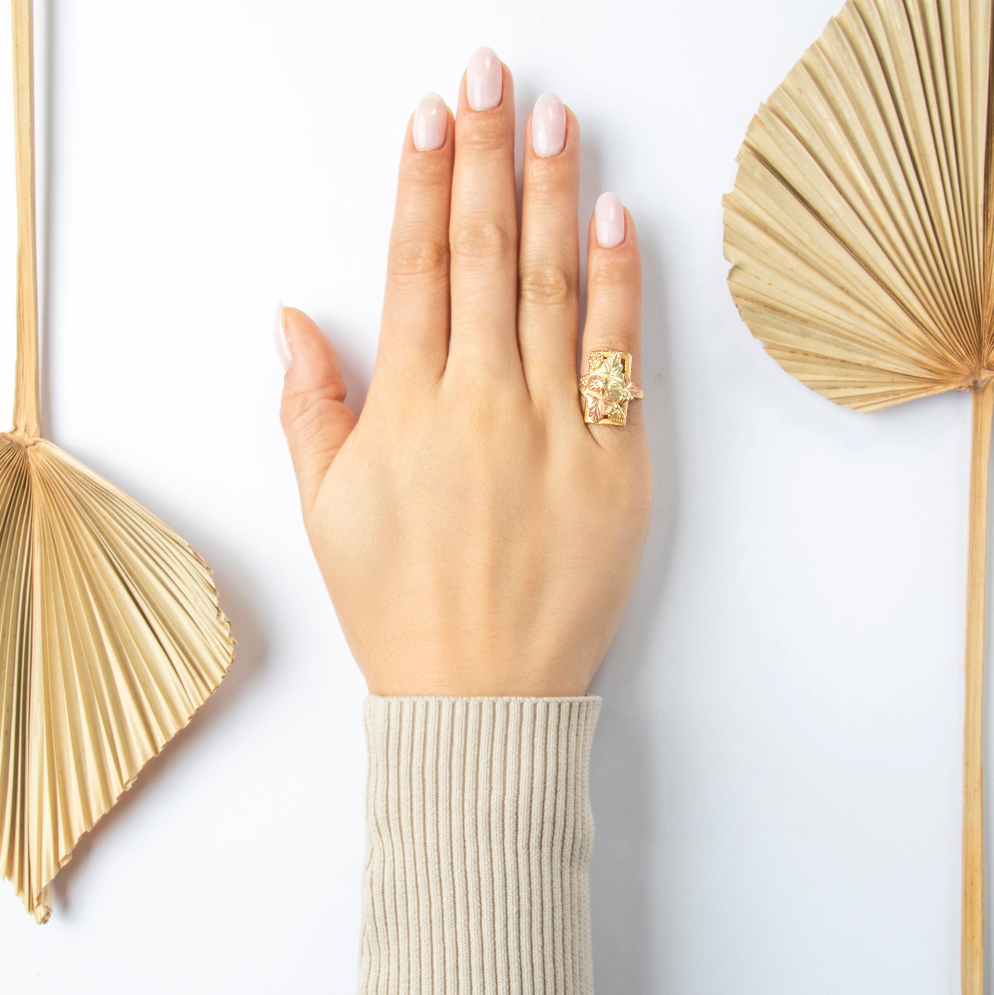 Vintage 10k Yellow & Rose Gold Pretty Grape & Vine Ring - On model view