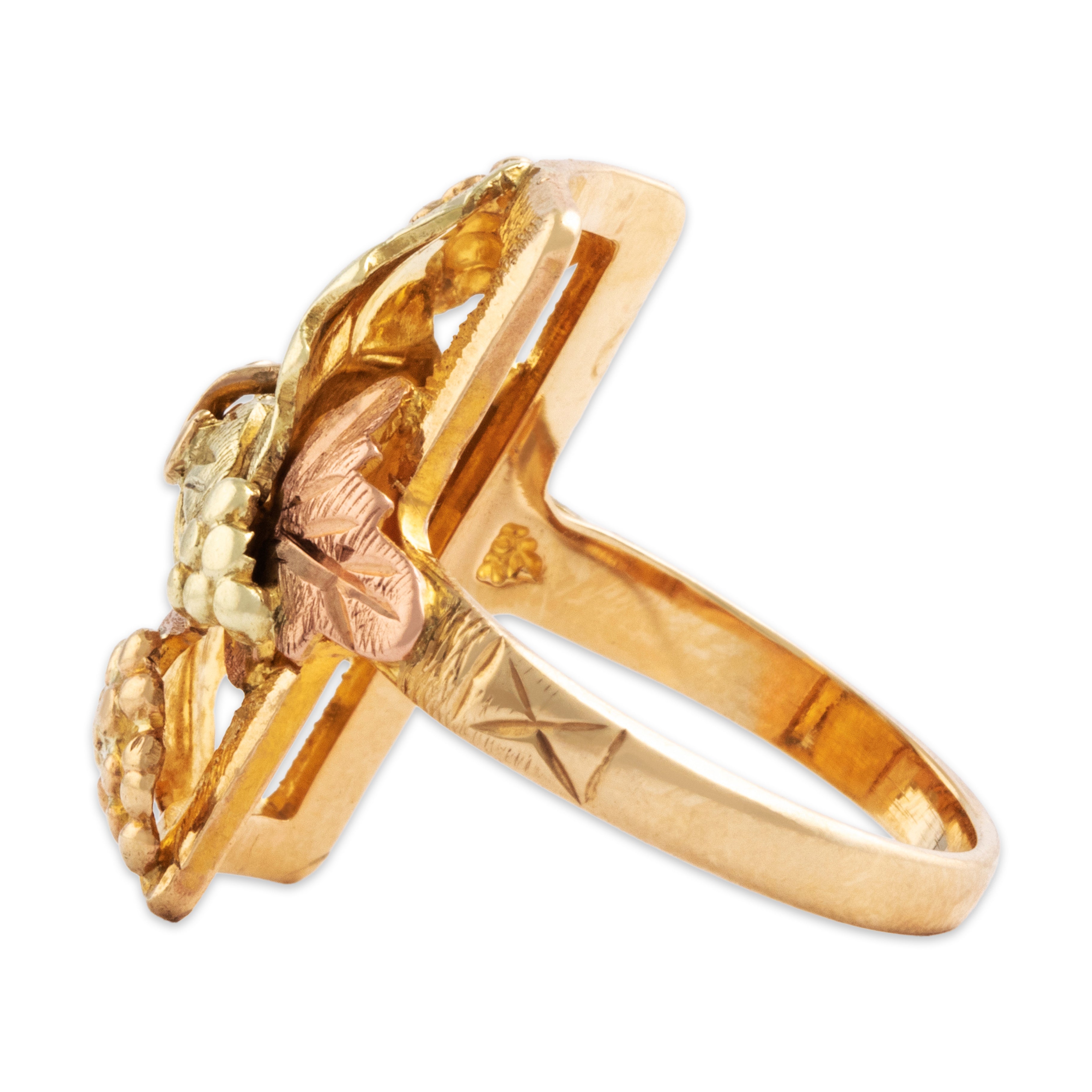 Vintage 10k Yellow & Rose Gold Pretty Grape & Vine Ring - Side view