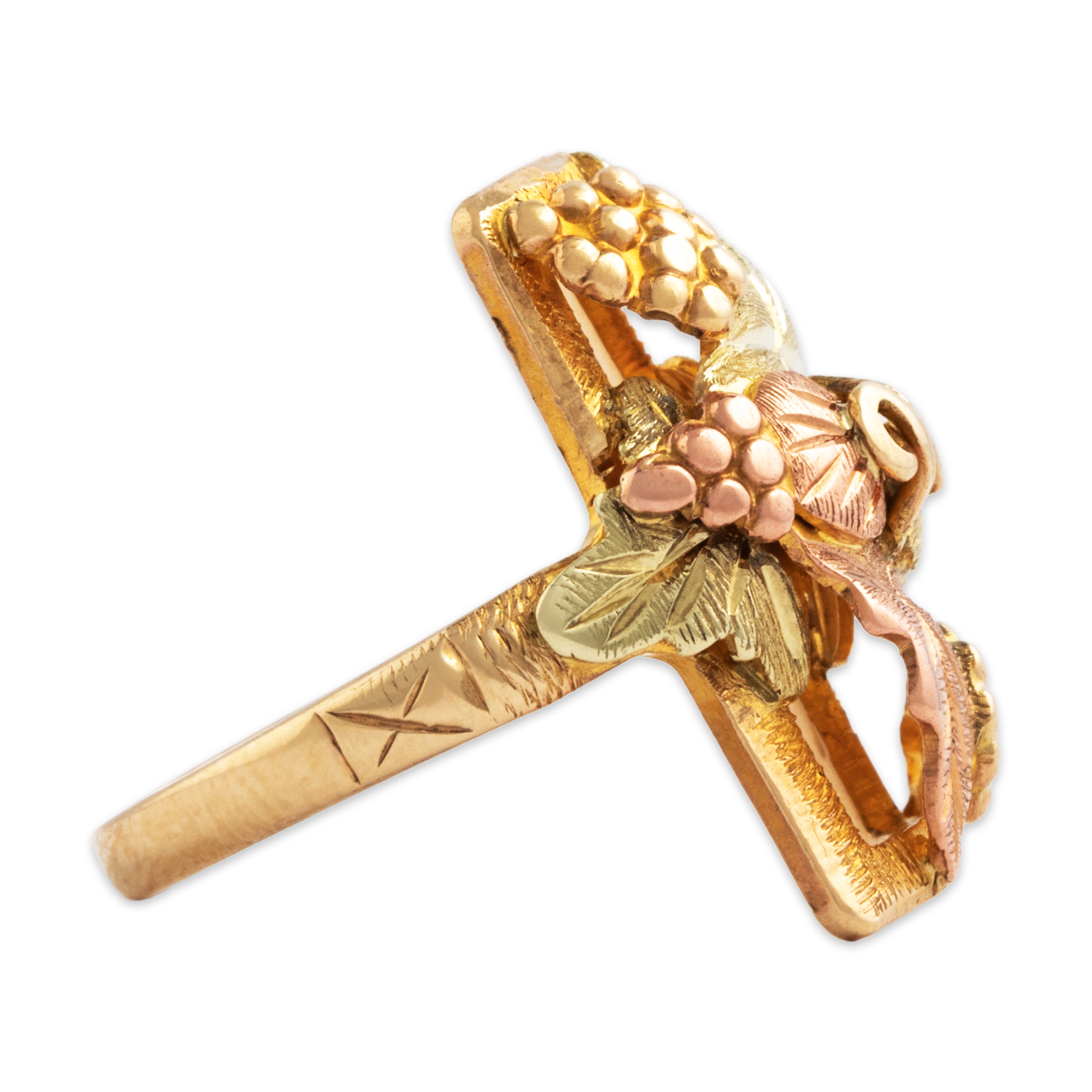 Vintage 10k Yellow & Rose Gold Pretty Grape & Vine Ring - Side view