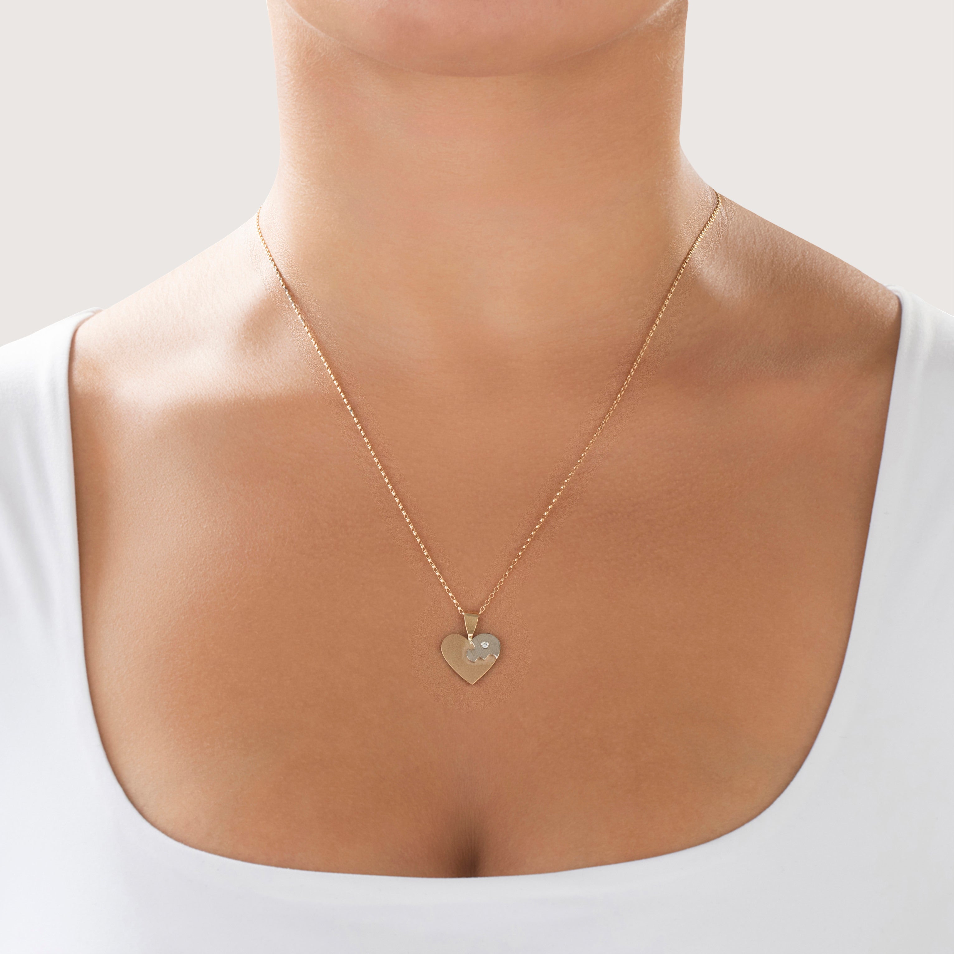 Vintage 14k Yellow & White Gold Diamond Puzzle Piece Heart Pendant - On model view