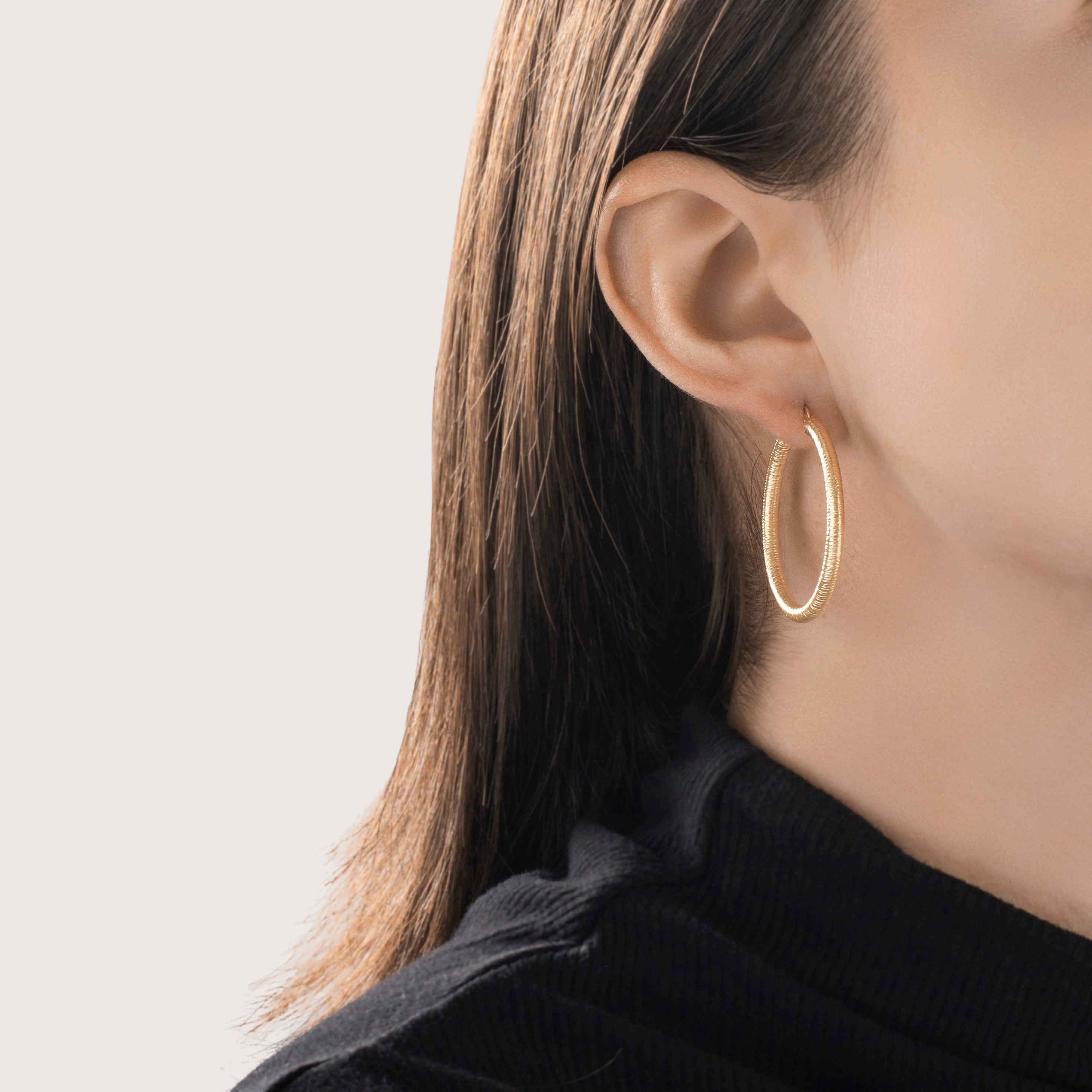 Vintage Italian 14k Yellow Gold Wrapped Wire Textured Hoop Earrings - On model view