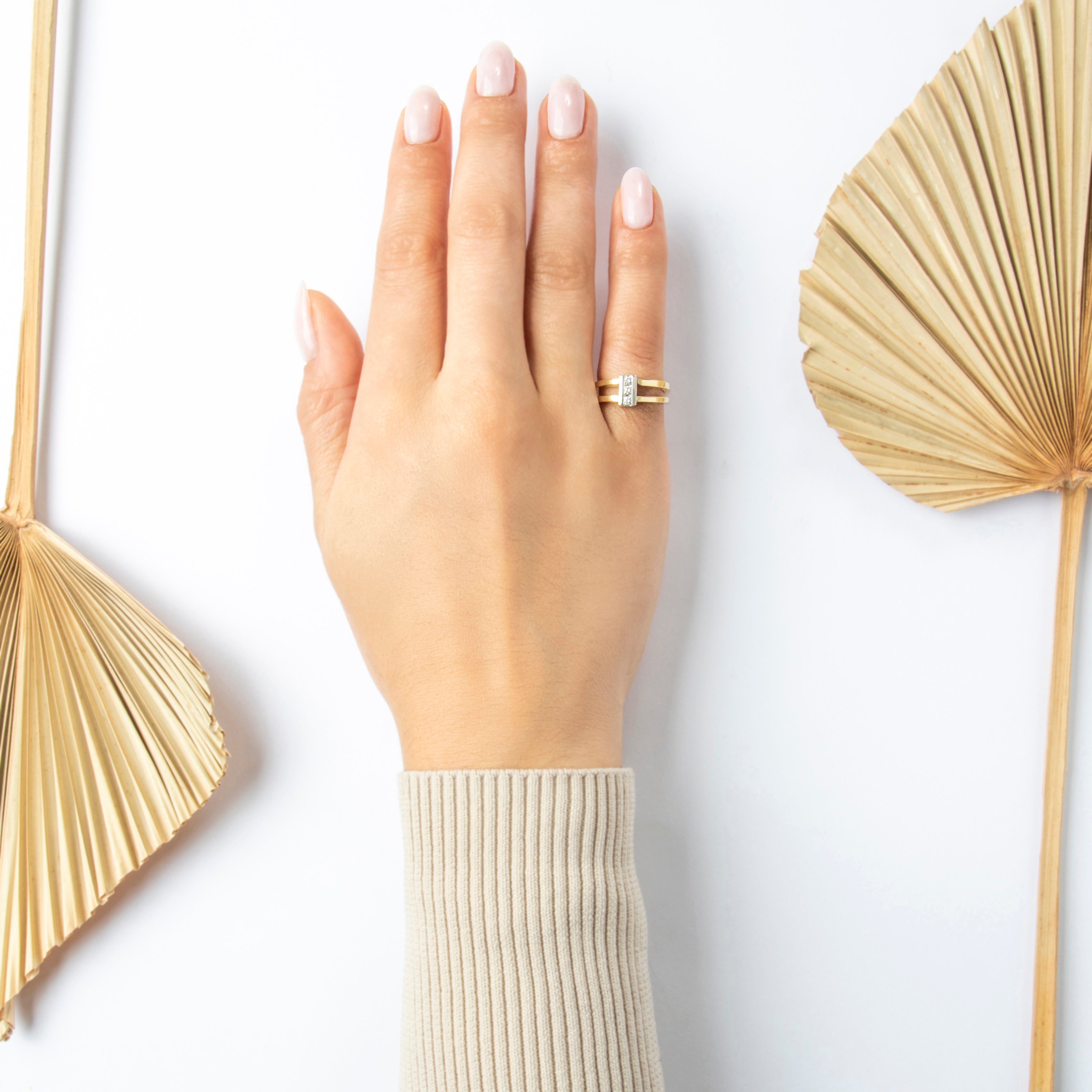 Vintage 14k Yellow & White Gold Diamond Geometric Split Shank Ring - On model view