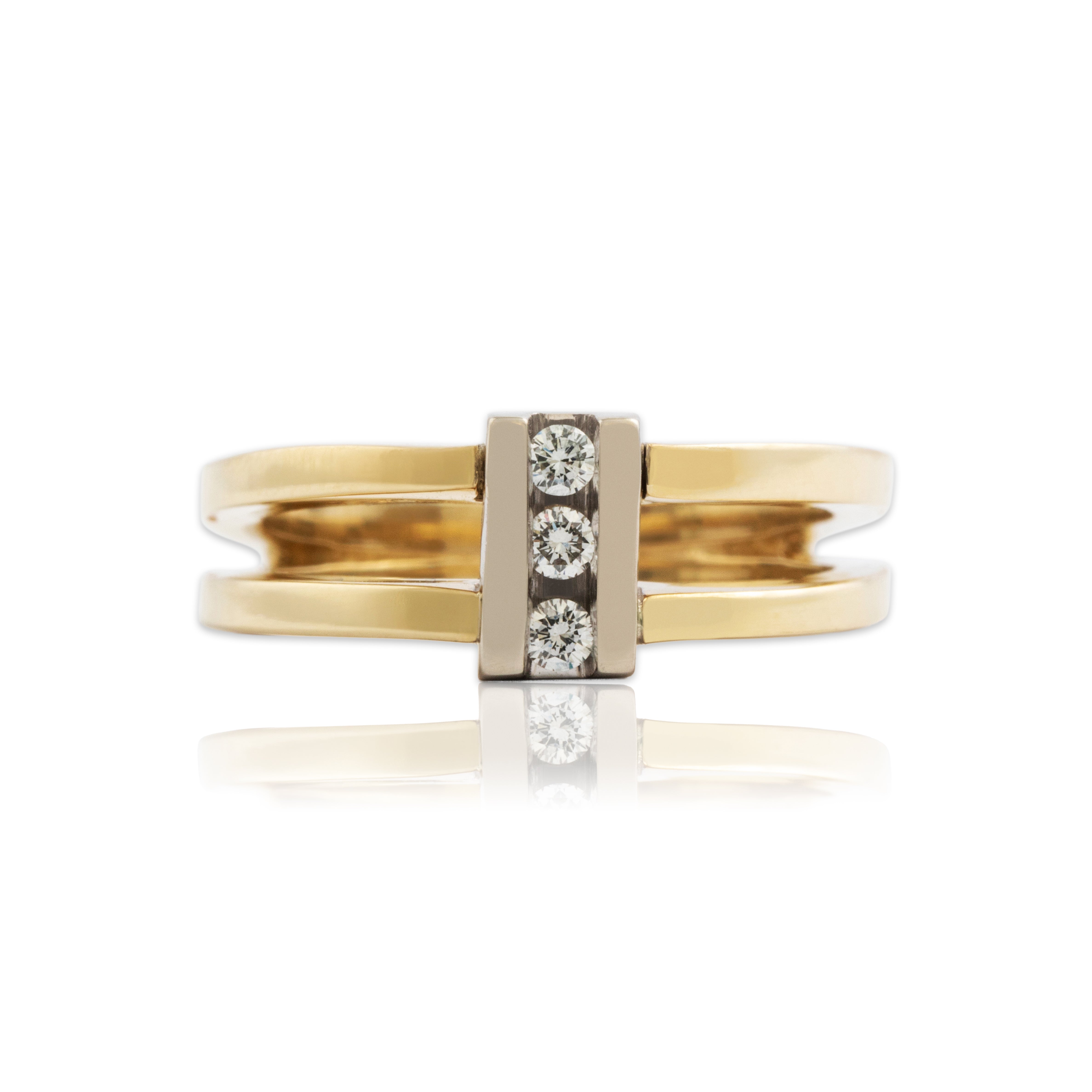 Vintage 14k Yellow & White Gold Diamond Geometric Split Shank Ring - Close-up view