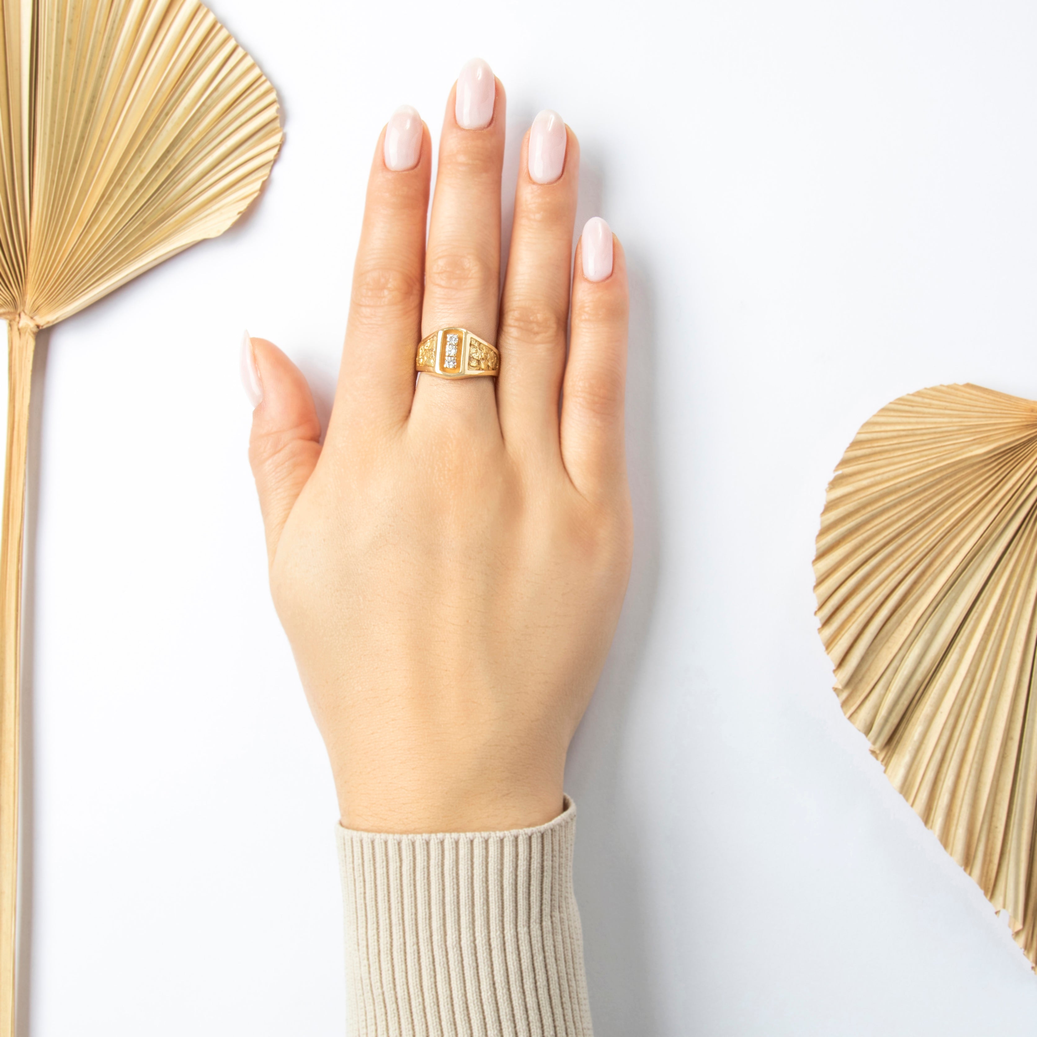 Vintage 14k Yellow Gold .234cttw Diamond Chunky Nugget Ring - On model view