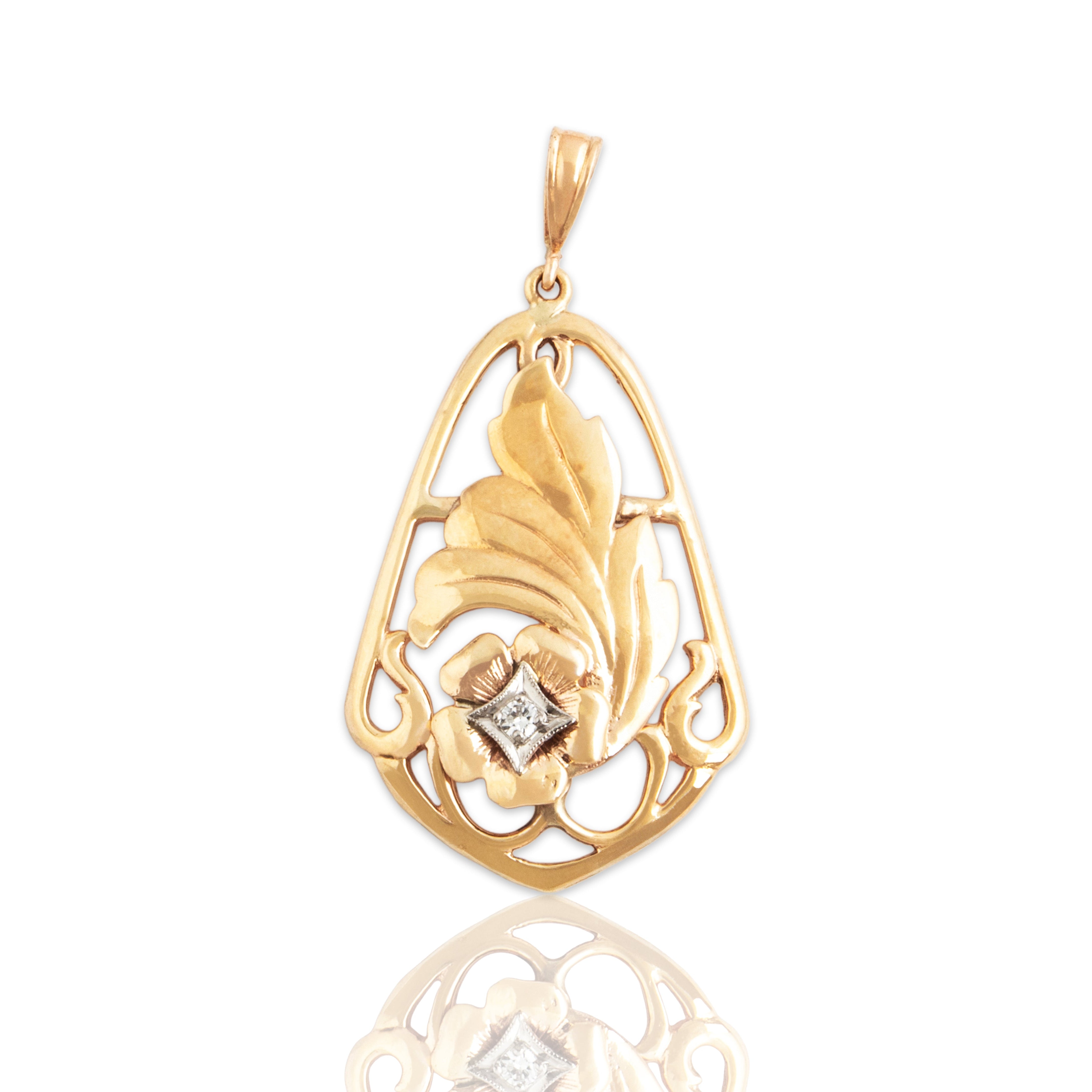 Vintage Large 10k Yellow & White Gold Diamond Charming Botanical Pendant - Close-up view