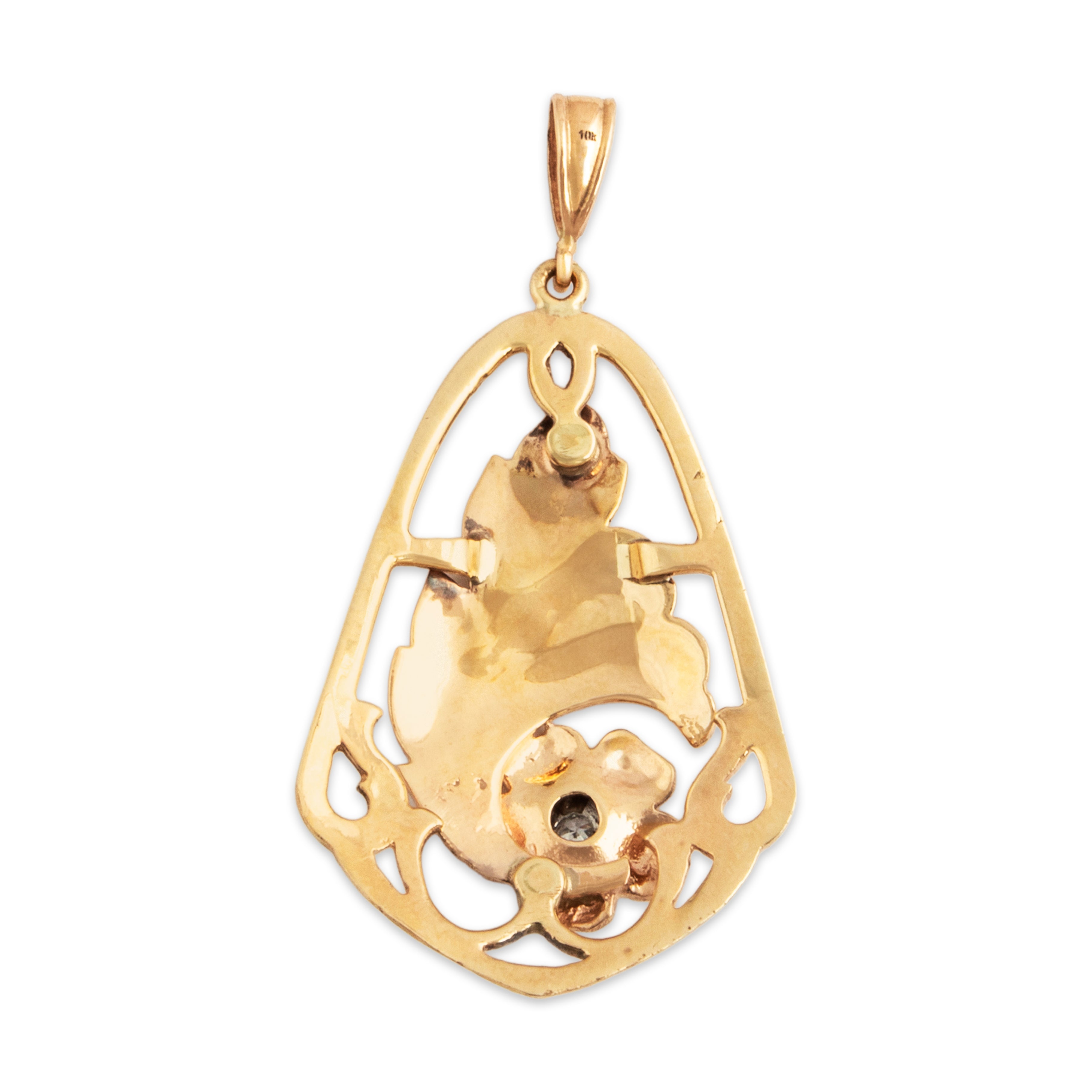 Vintage Large 10k Yellow & White Gold Diamond Charming Botanical Pendant - Back view