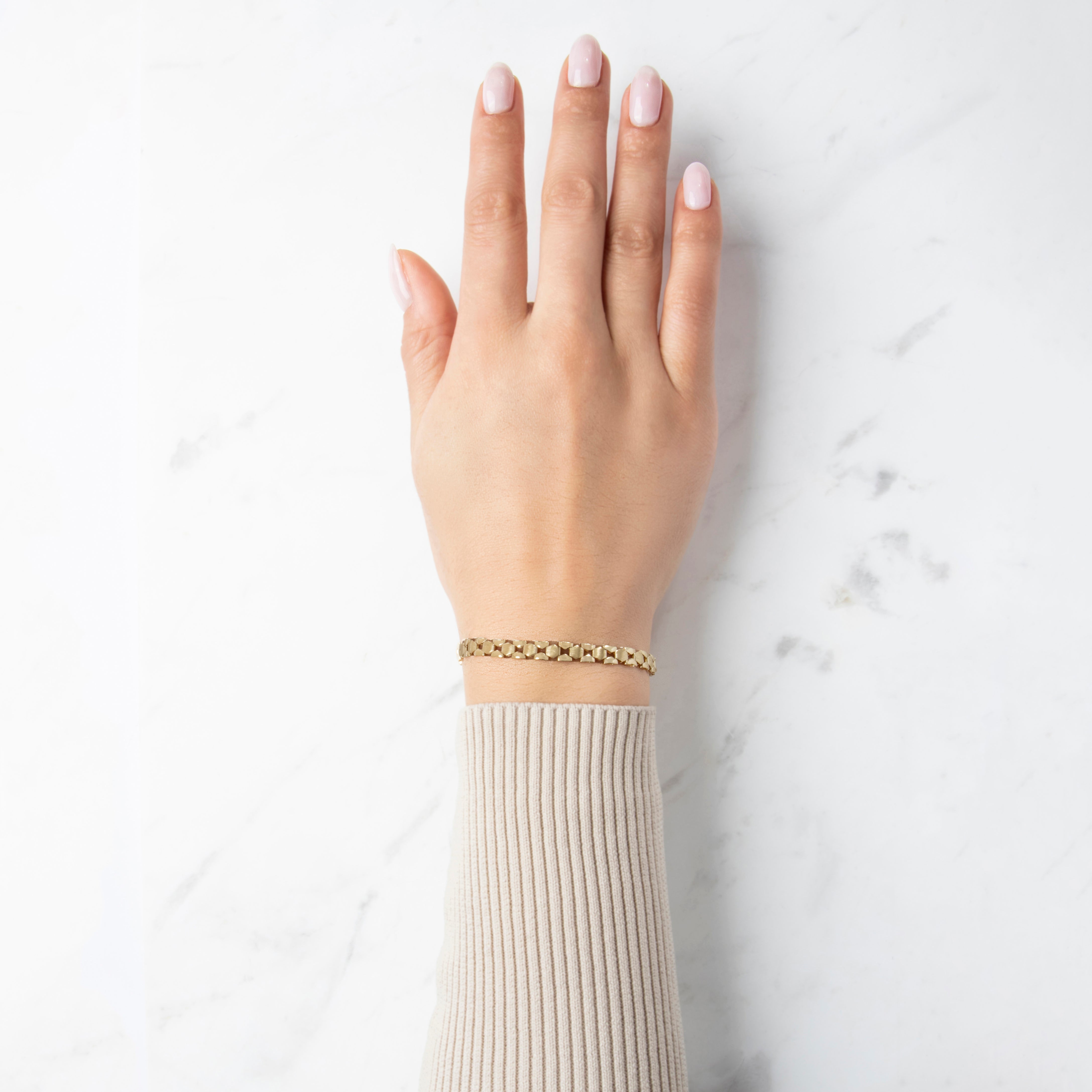 Vintage 14k Yellow Gold Brushed Hexagon Link Bracelet  - On model view