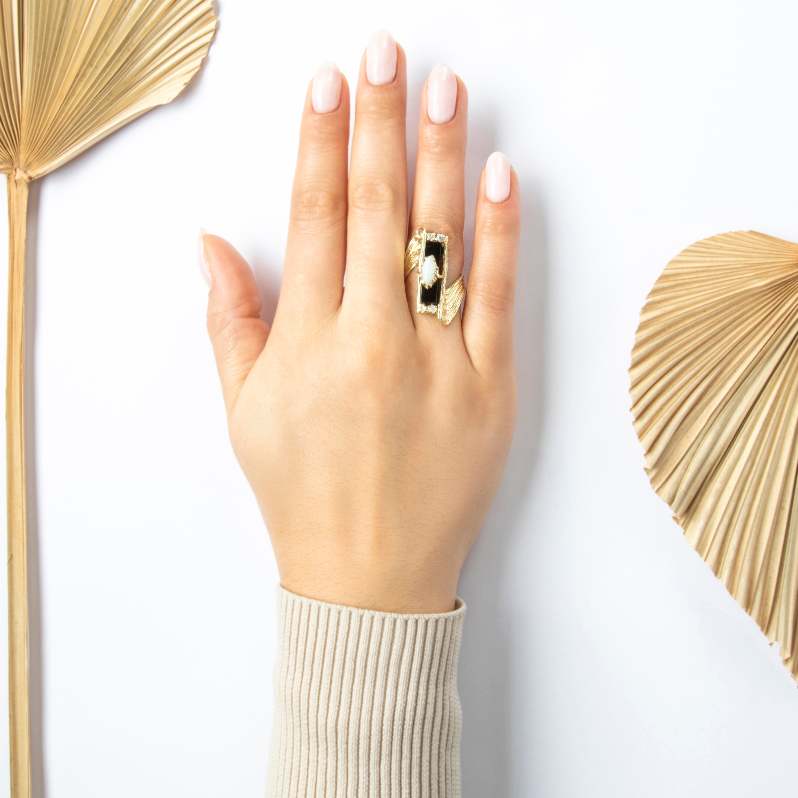 Vintage Heavy 14k Yellow Gold Onyx Opal Dramatic Brutalist Statement Ring - On model view