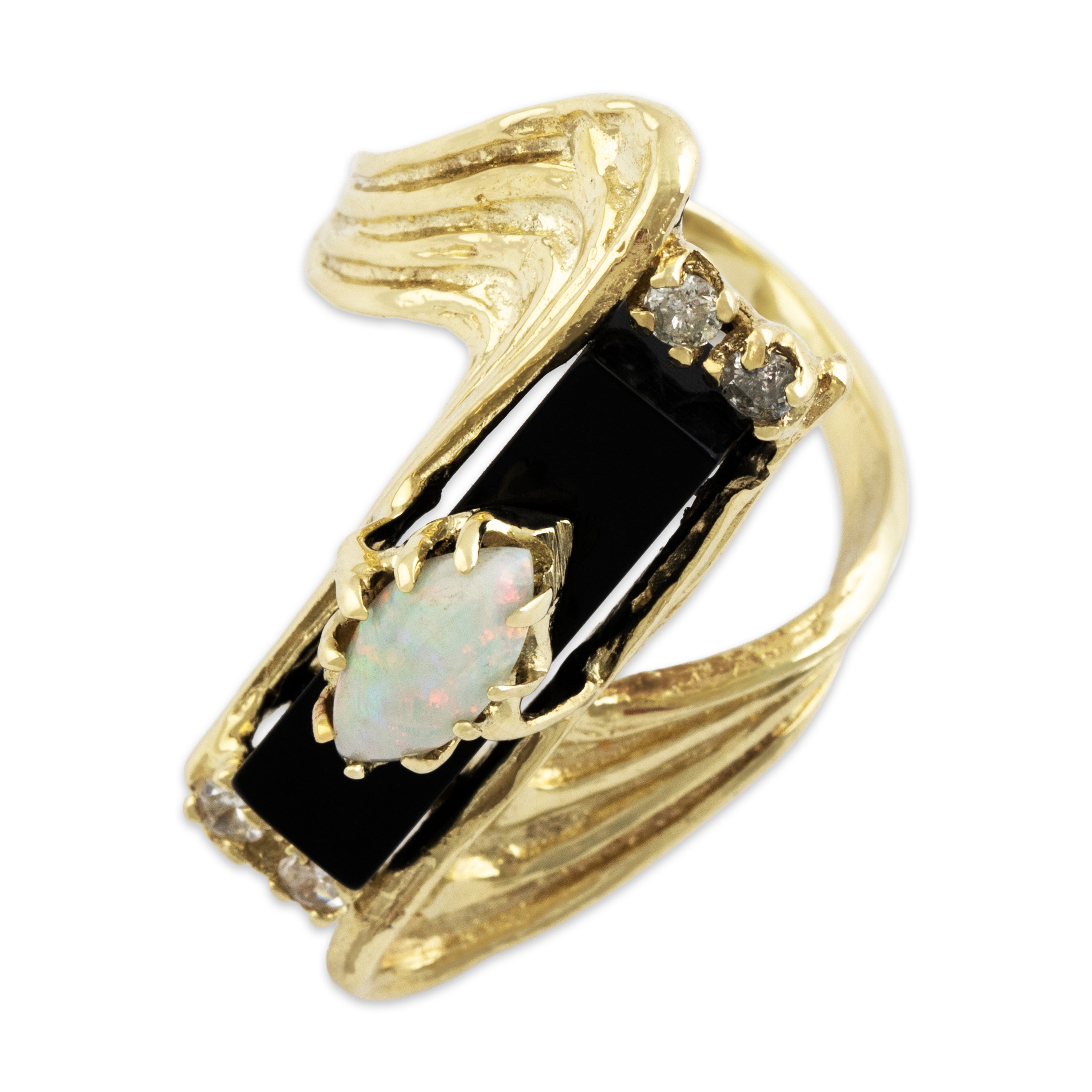 Vintage Heavy 14k Yellow Gold Onyx Opal Dramatic Brutalist Statement Ring - Overall view