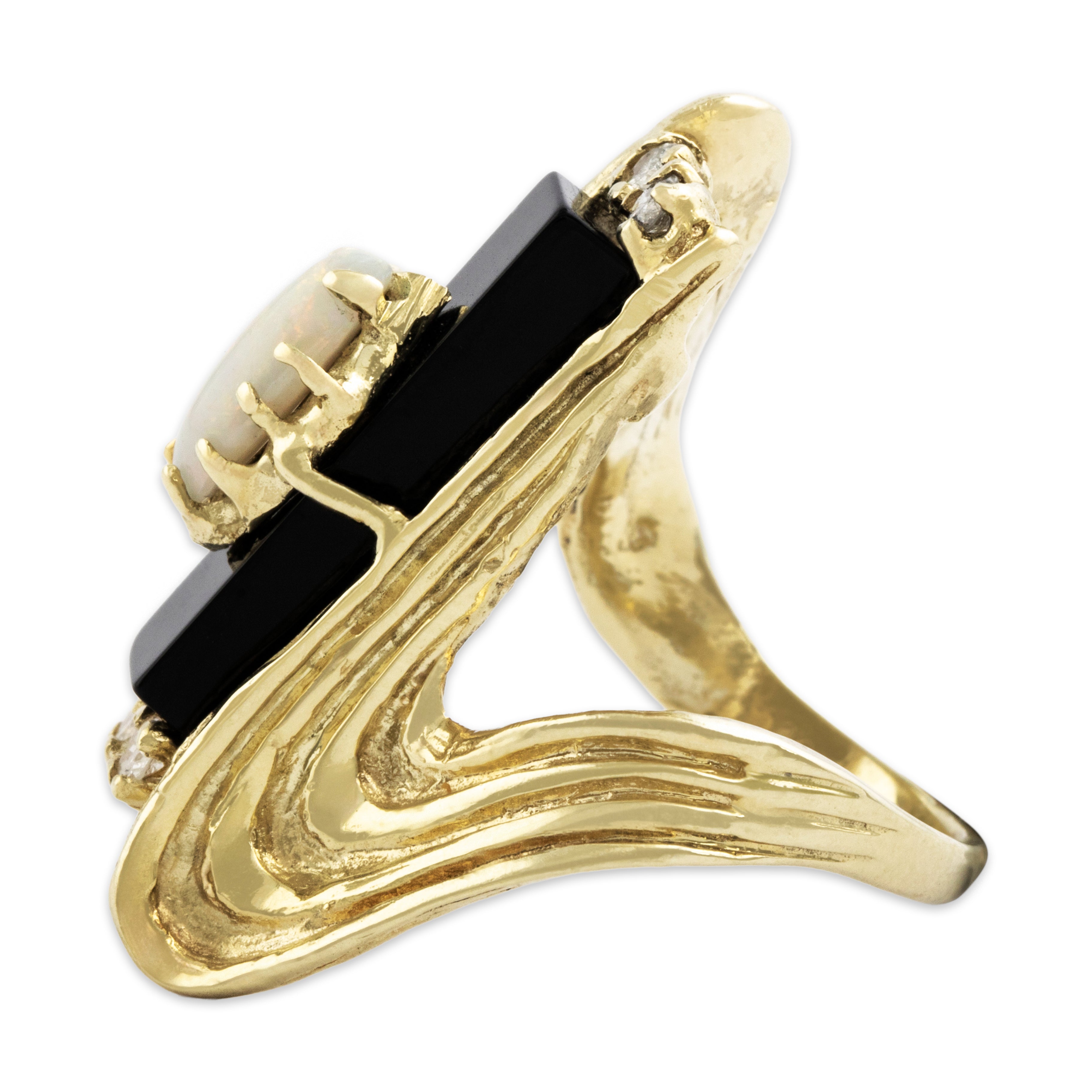 Vintage Heavy 14k Yellow Gold Onyx Opal Dramatic Brutalist Statement Ring - Side view