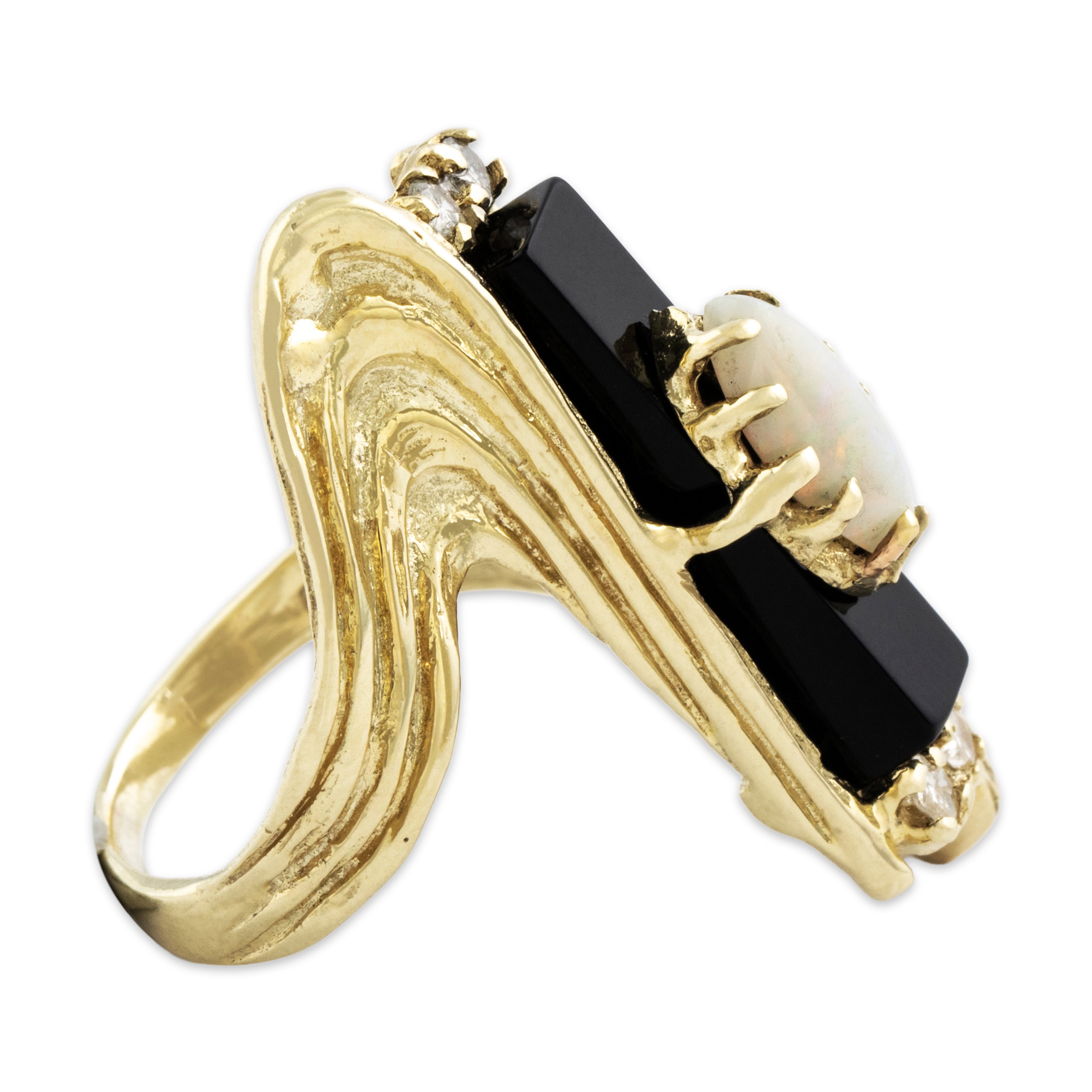 Vintage Heavy 14k Yellow Gold Onyx Opal Dramatic Brutalist Statement Ring - Side view