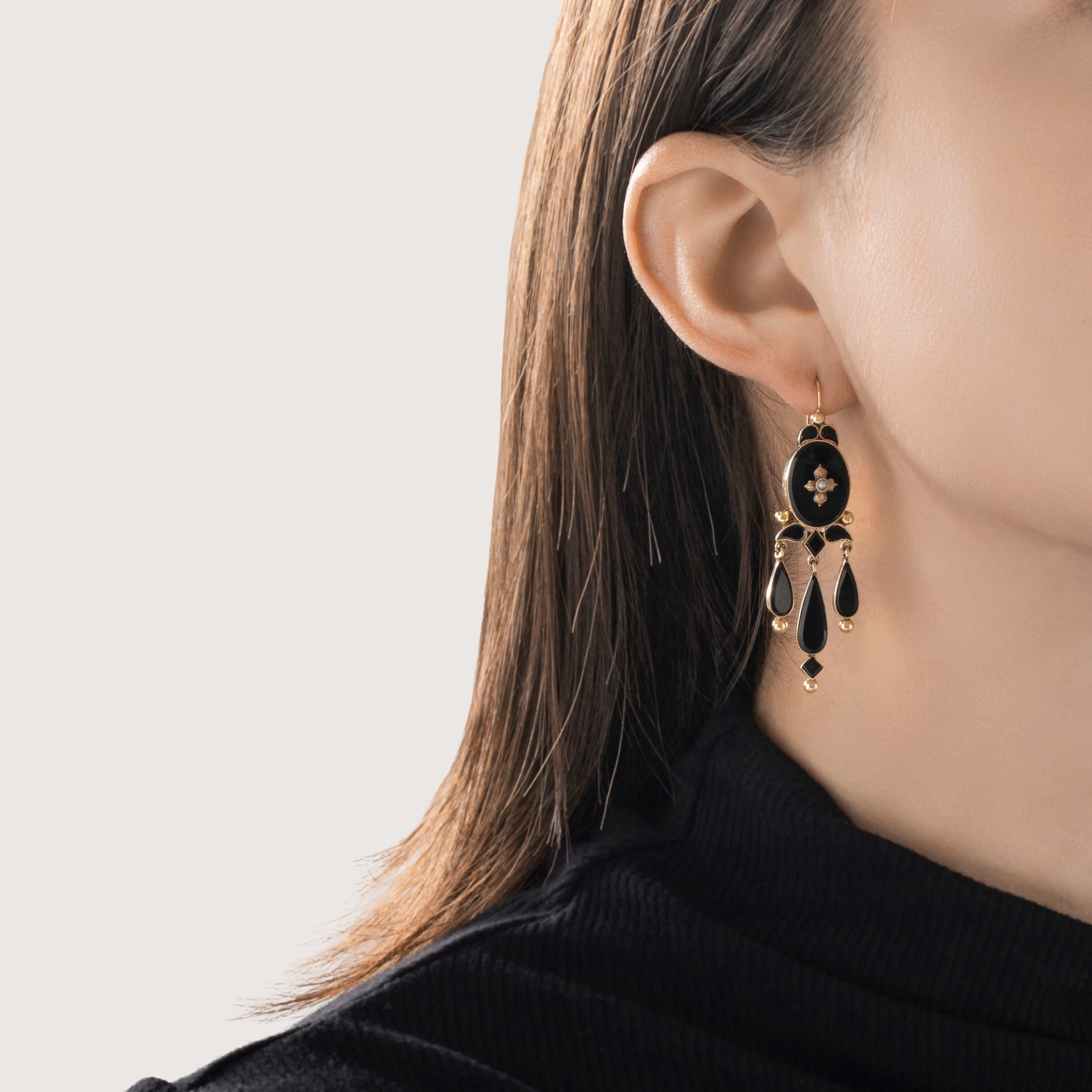 Antique Victorian Large 10k Yellow Gold Onyx Pearl Incredible Teardrop Earrings - On model view