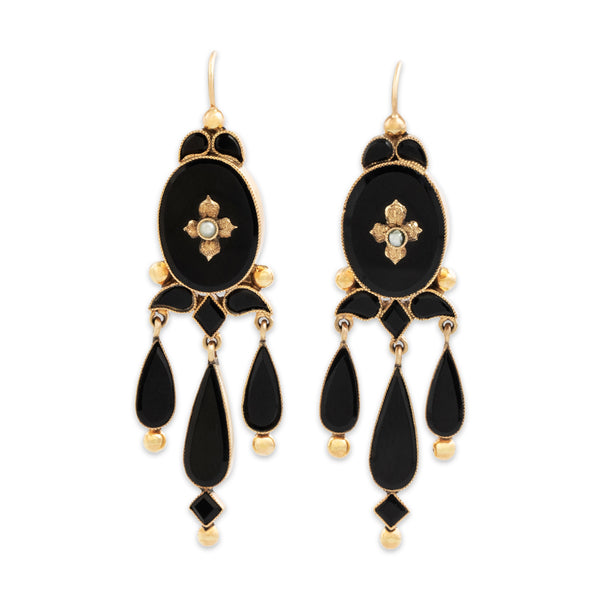 Antique Victorian Large 10k Yellow Gold Onyx Pearl Incredible Teardrop Earrings