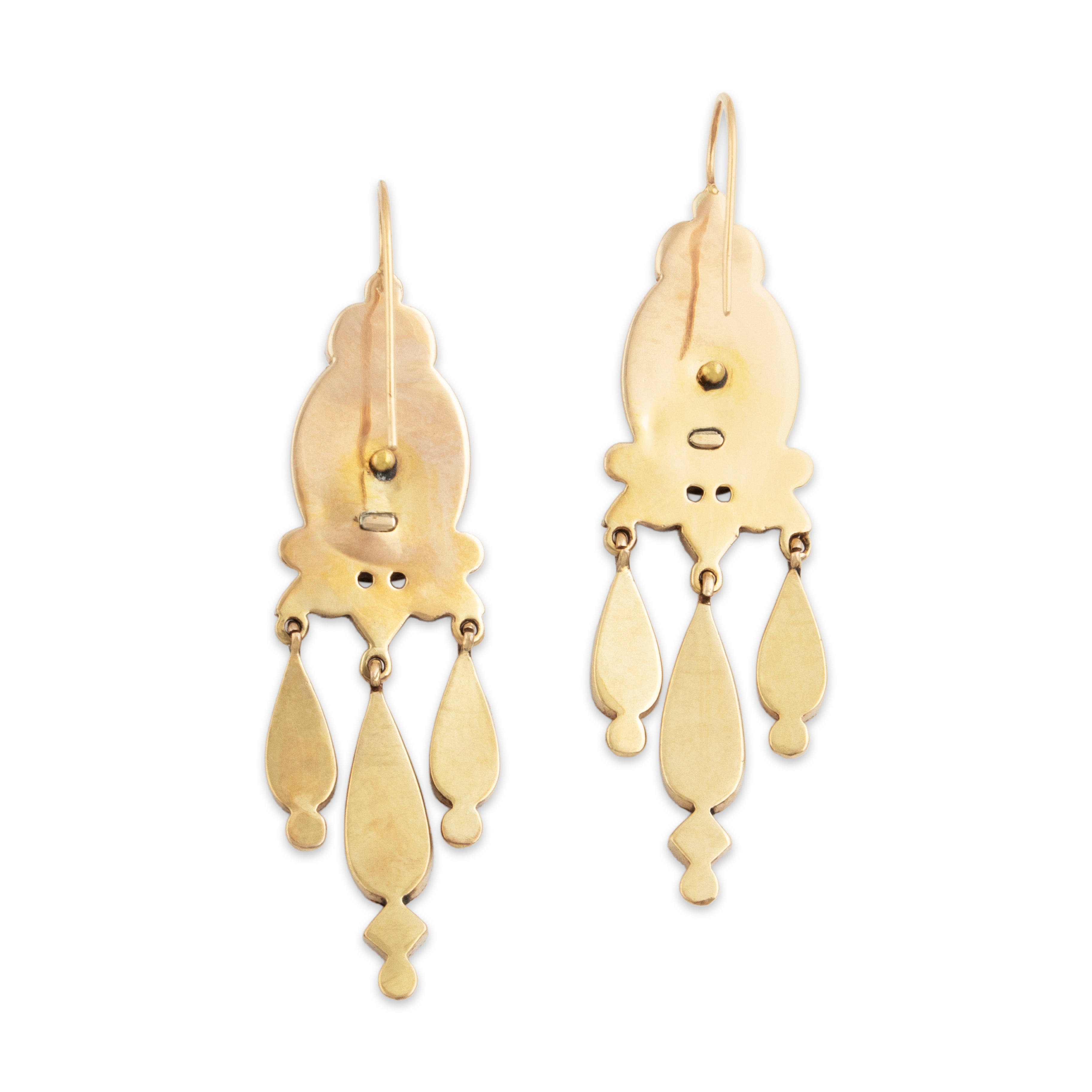 Antique Victorian Large 10k Yellow Gold Onyx Pearl Incredible Teardrop Earrings - Back view