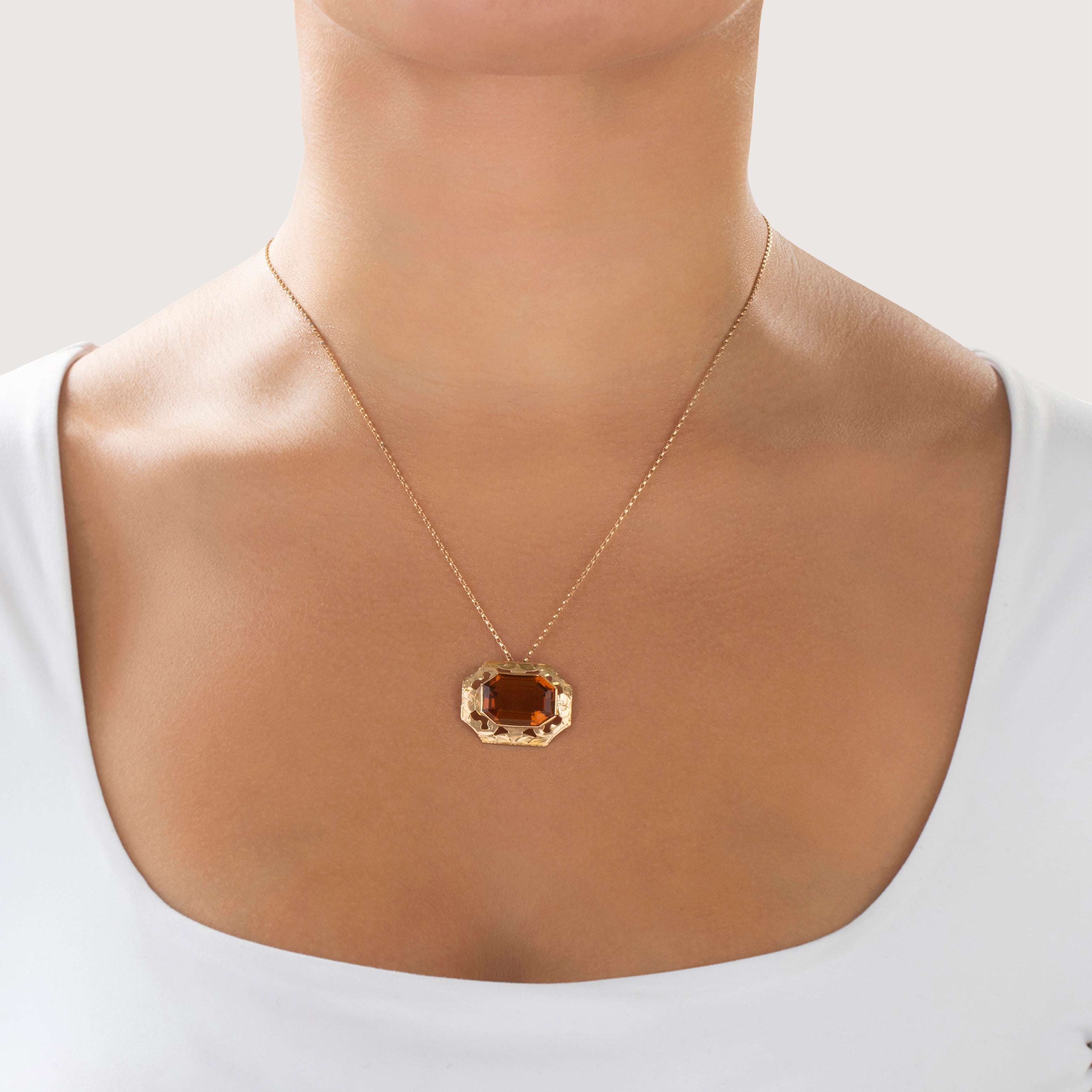 Antique Large 10k Yellow Gold 10.4ct Palmeira Citrine Engraved Octagon Pendant - On model view
