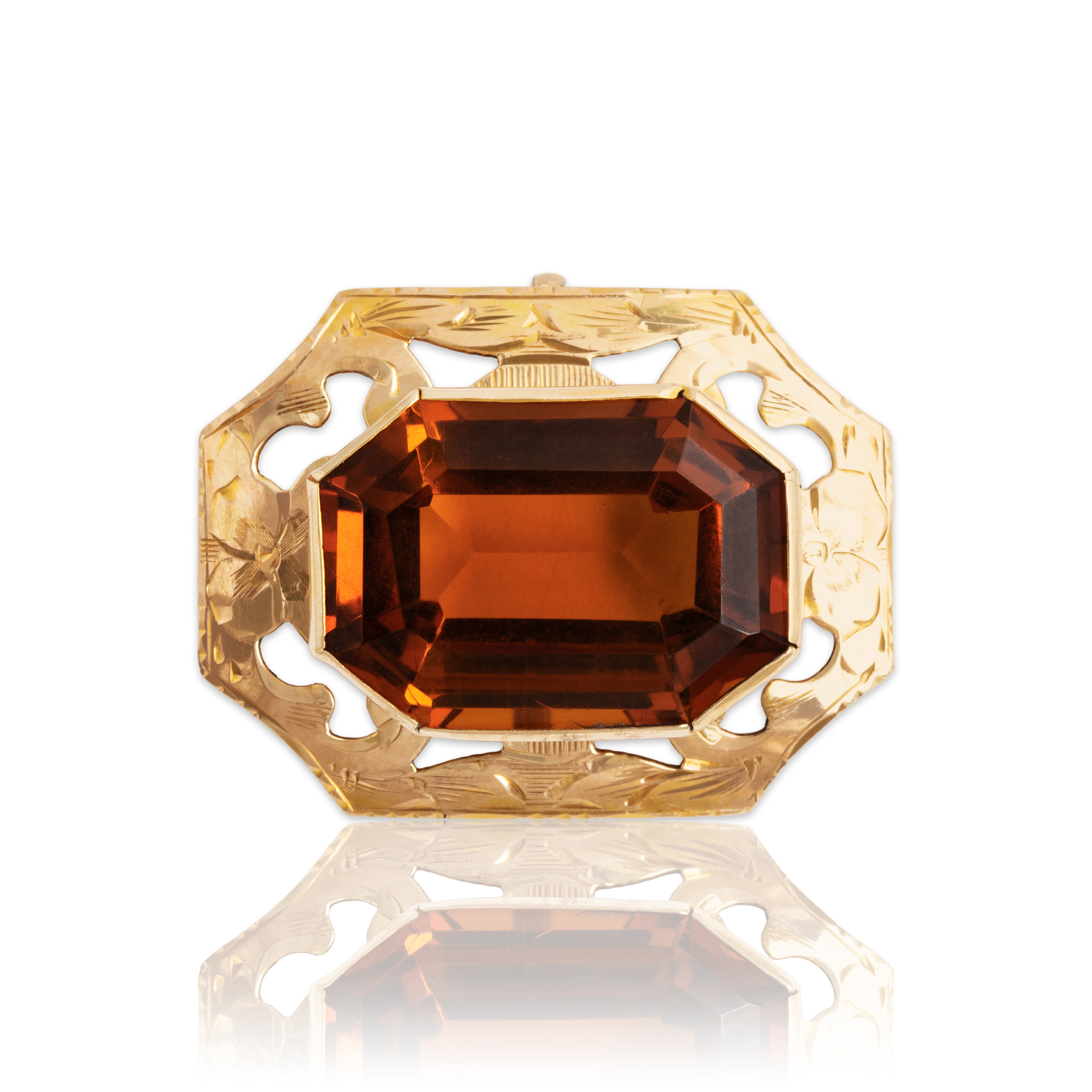 Antique Large 10k Yellow Gold 10.4ct Palmeira Citrine Engraved Octagon Pendant - Close-up view
