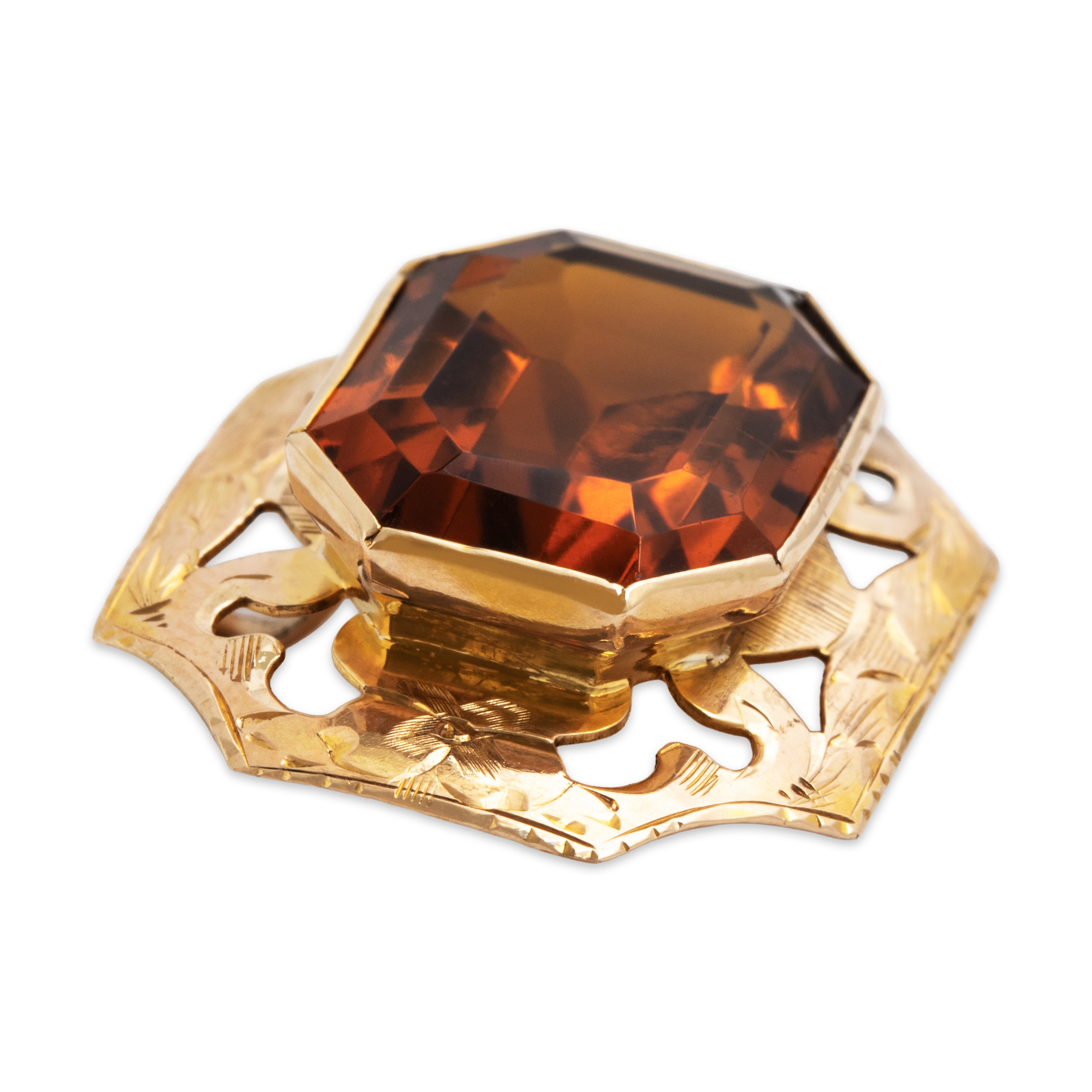 Antique Large 10k Yellow Gold 10.4ct Palmeira Citrine Engraved Octagon Pendant - Side view