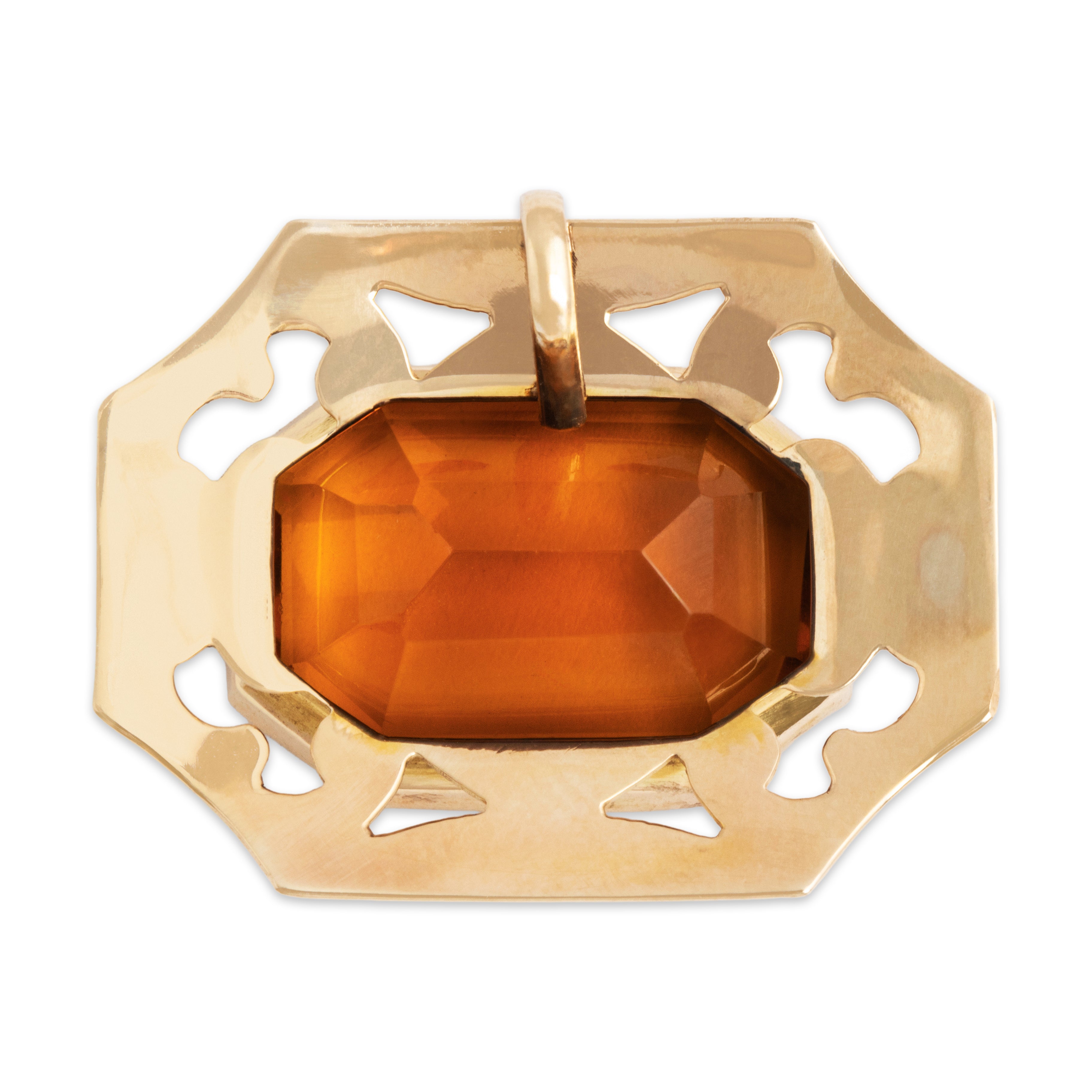 Antique Large 10k Yellow Gold 10.4ct Palmeira Citrine Engraved Octagon Pendant - Back view