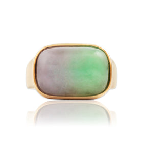 Vintage Heavy 14k Yellow Gold 10.4ct Lavender-Green Jade Bold Cabochon Ring 11.75