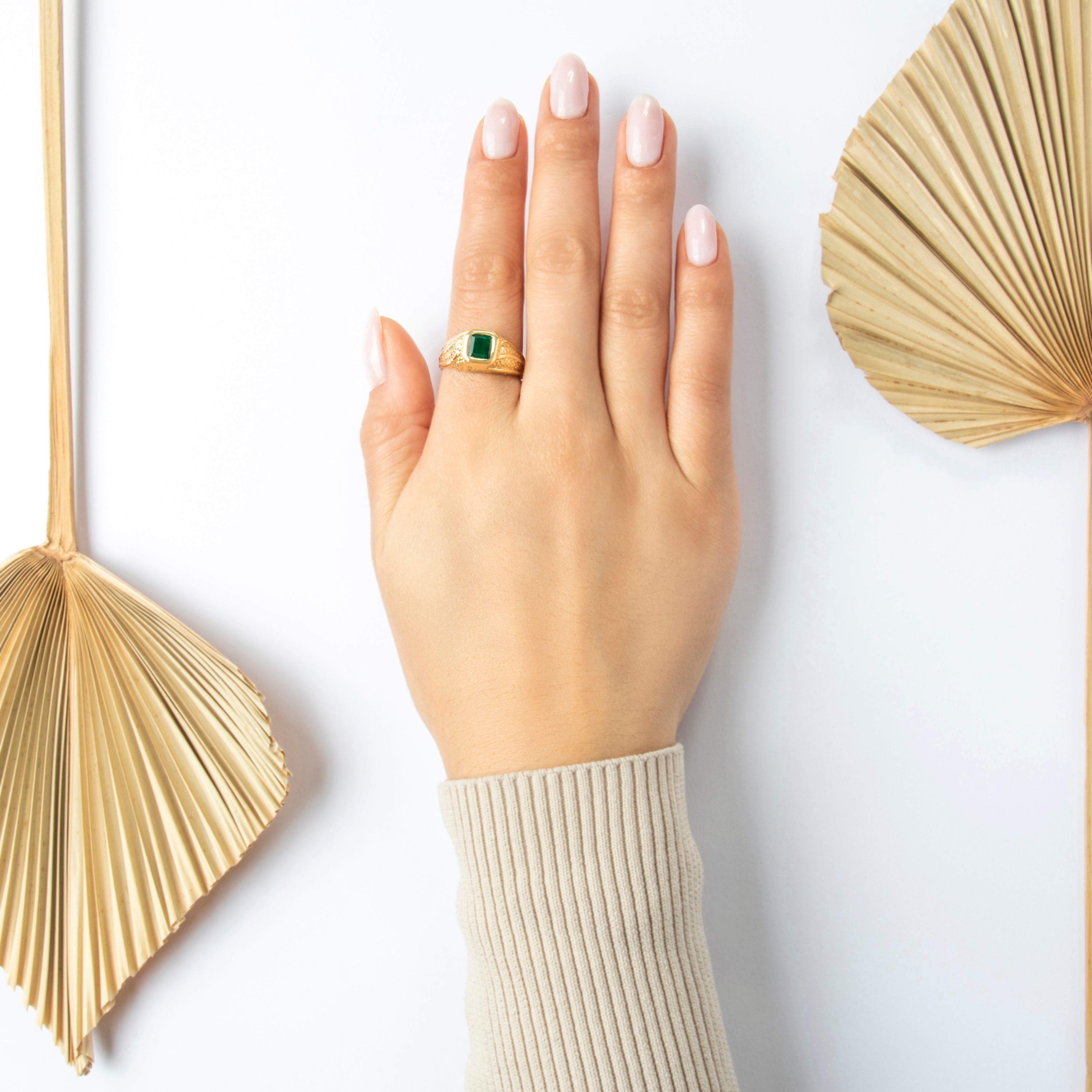 Vintage 18k Yellow Gold 1.3ct Emerald Naturalistic Textured Signet Ring  - On model view