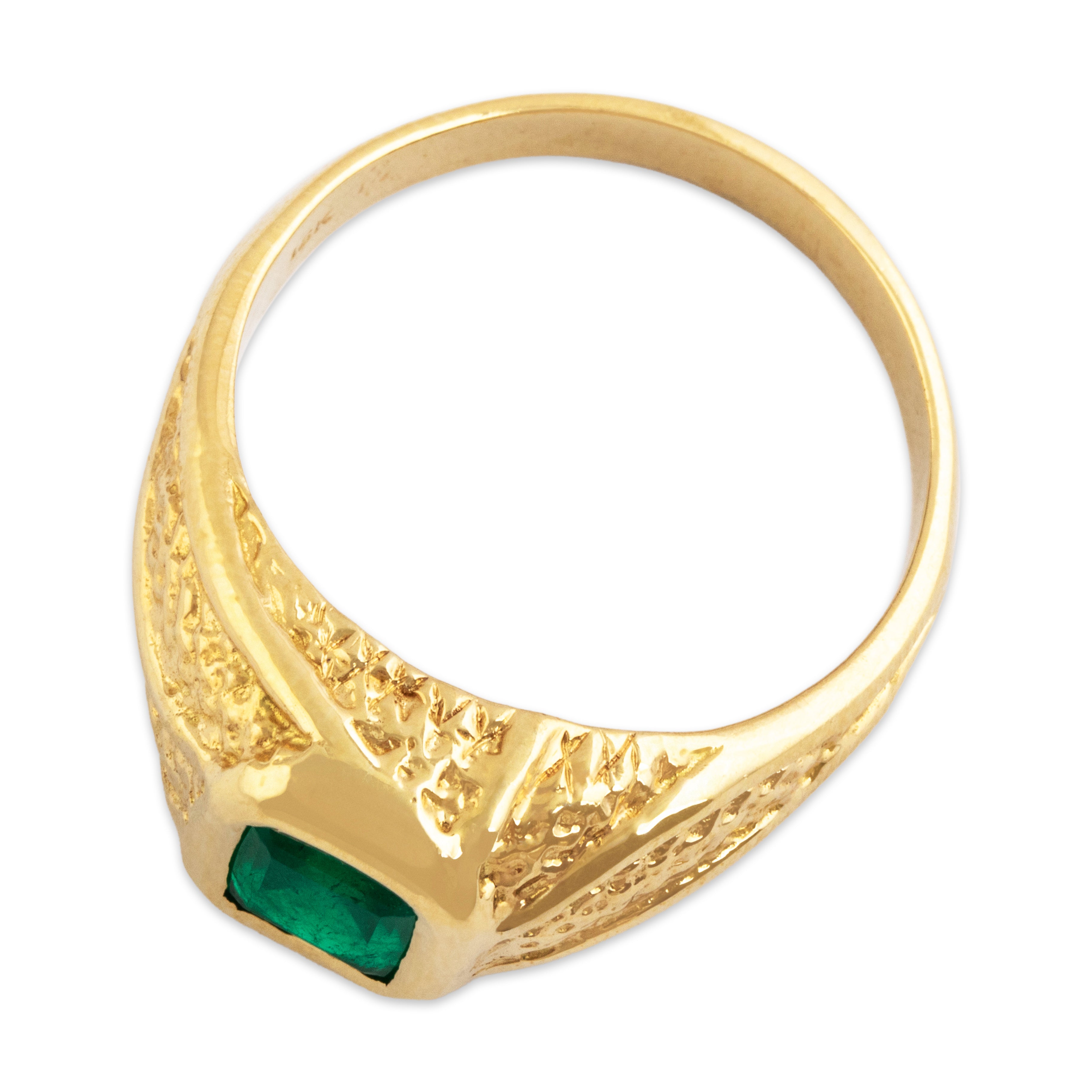 Vintage 18k Yellow Gold 1.3ct Emerald Naturalistic Textured Signet Ring  - Overall view