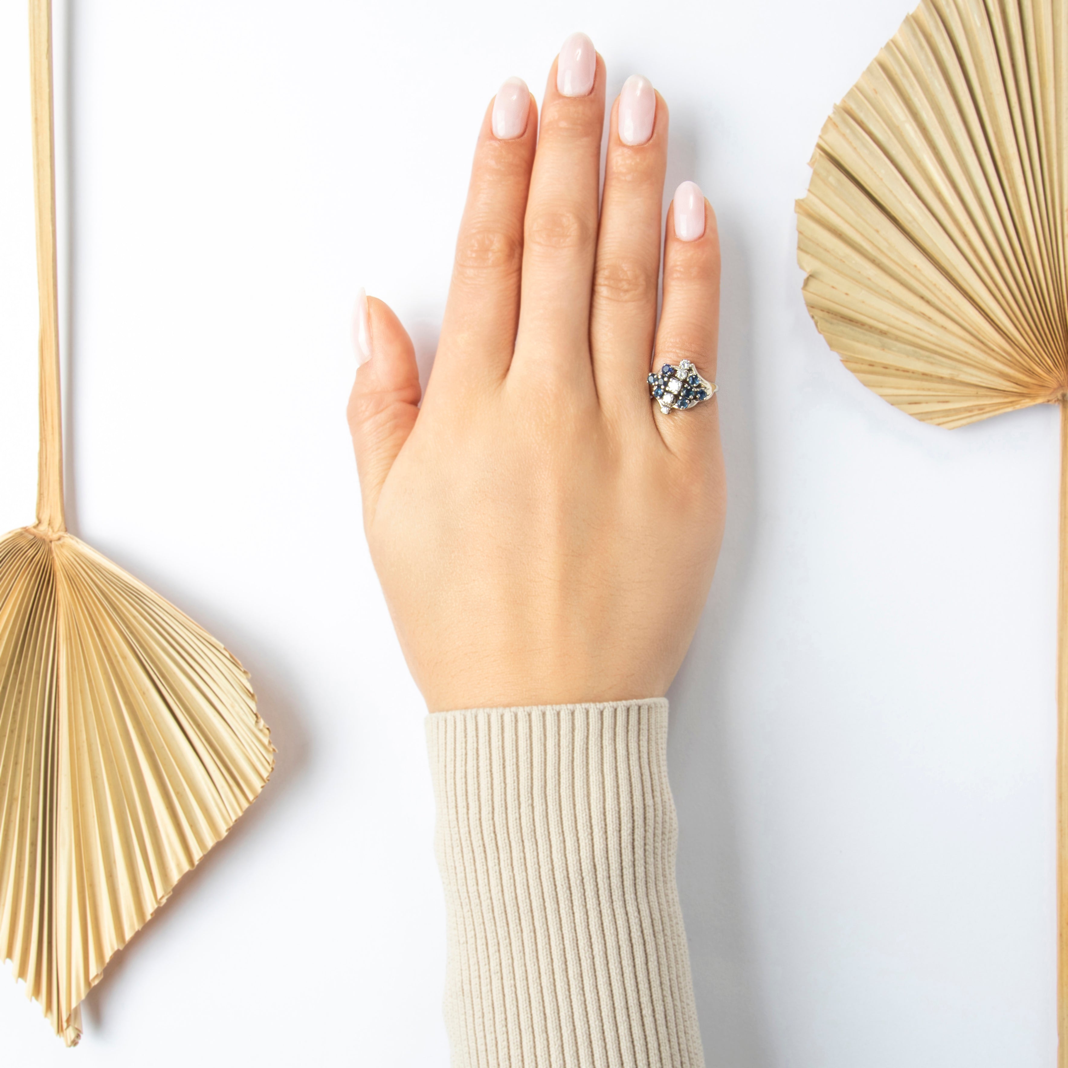 Vintage 14k White Gold Sapphire .339cttw Diamond Sparkling Diagonal Ring - On model view