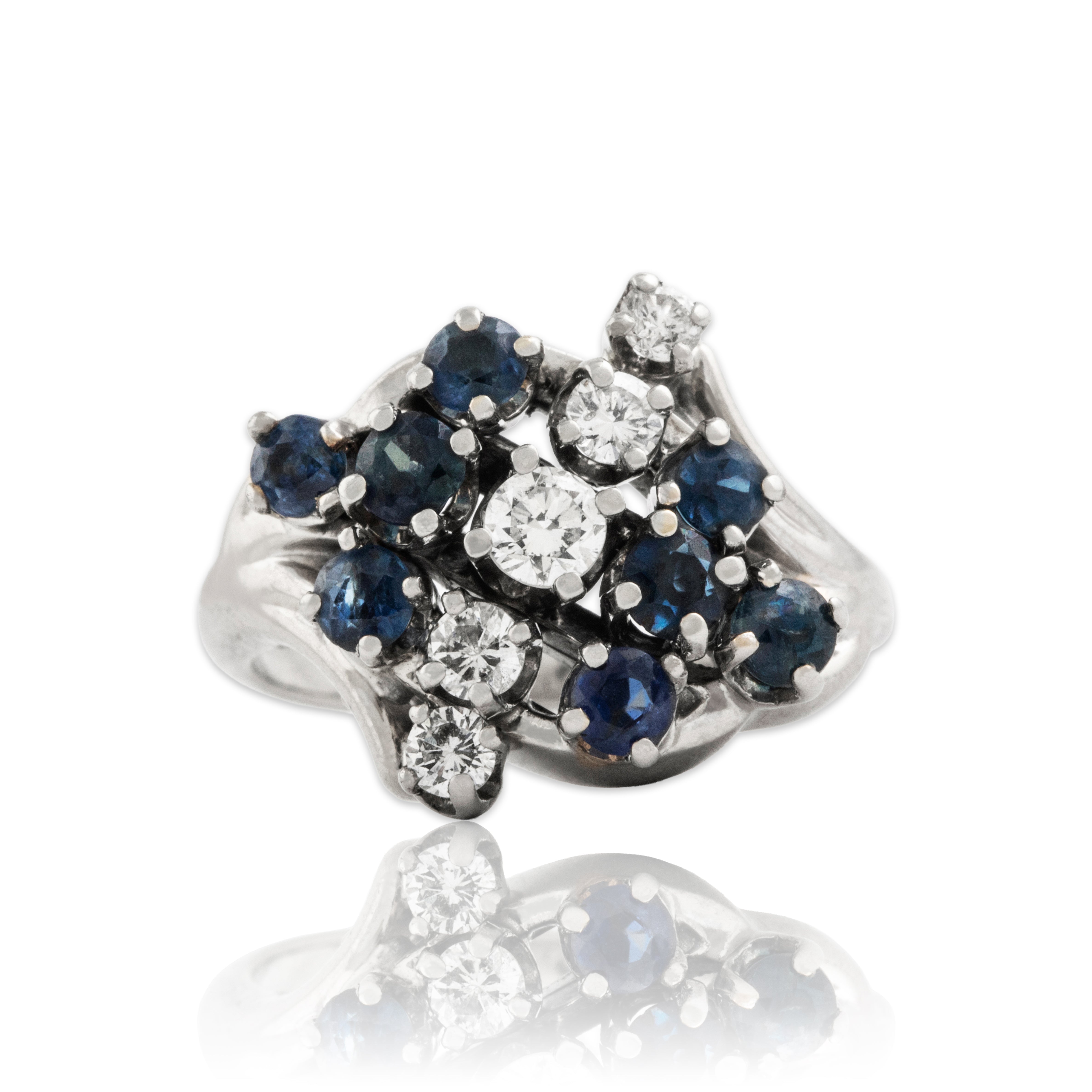 Vintage 14k White Gold Sapphire .339cttw Diamond Sparkling Diagonal Ring - Close-up view