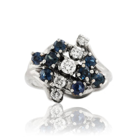 Vintage 14k White Gold Blue Sapphire Diamond Sparkling Diagonal Cluster Ring 4.25