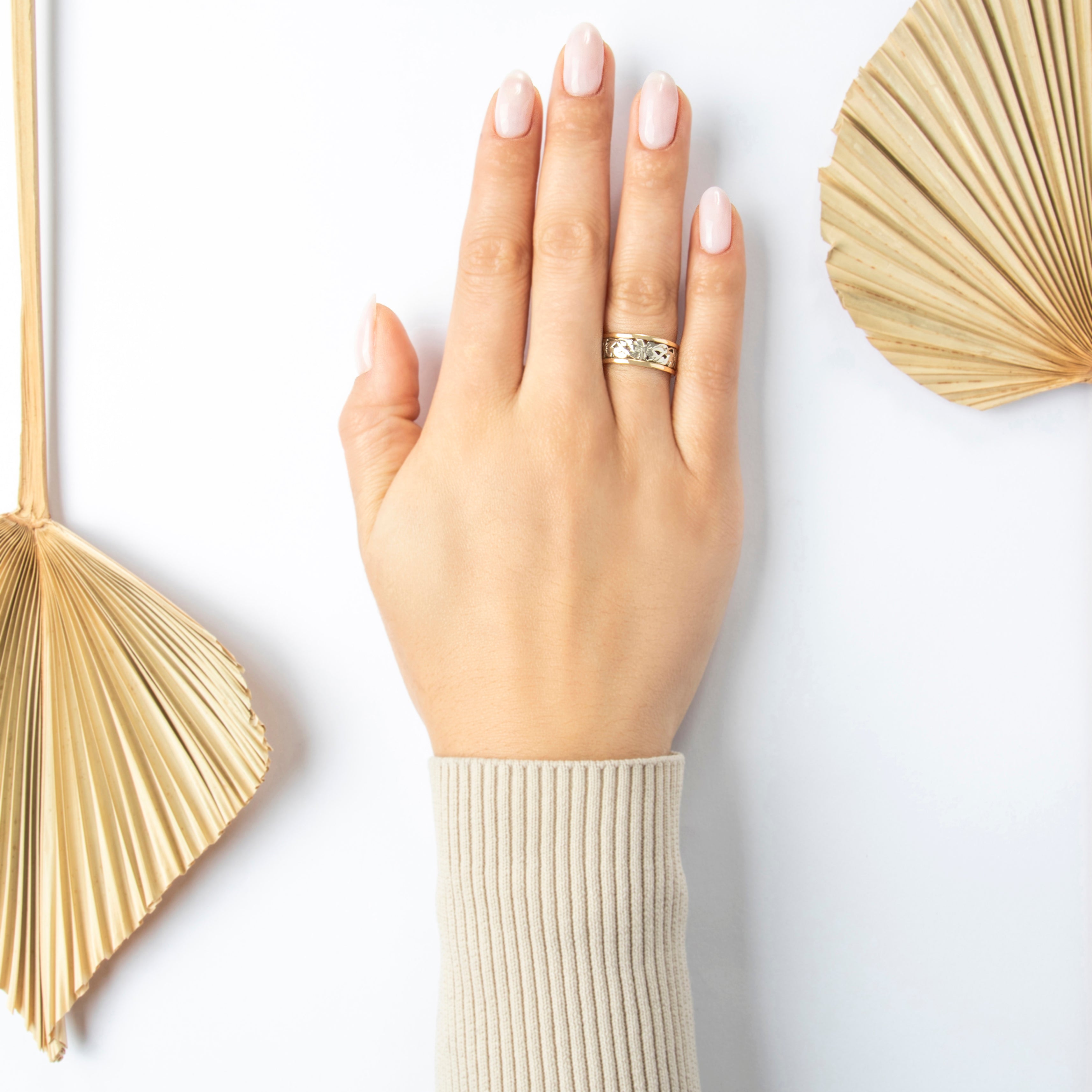 Vintage 14k White & Yellow Gold Flowering Eternity Band Ring - On model view