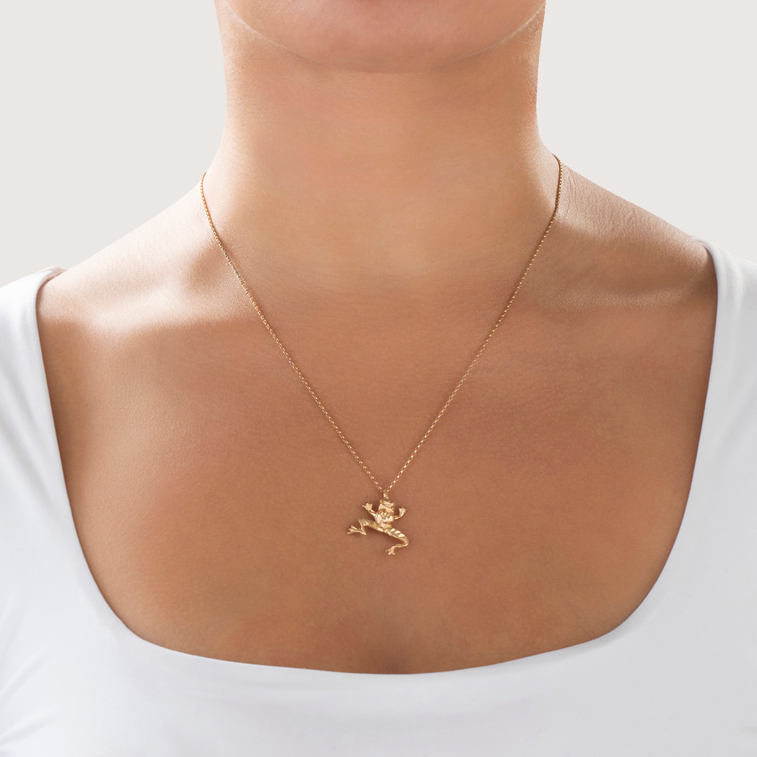 Vintage 14k Yellow Gold Lively Figural Frog Pendant - On model view