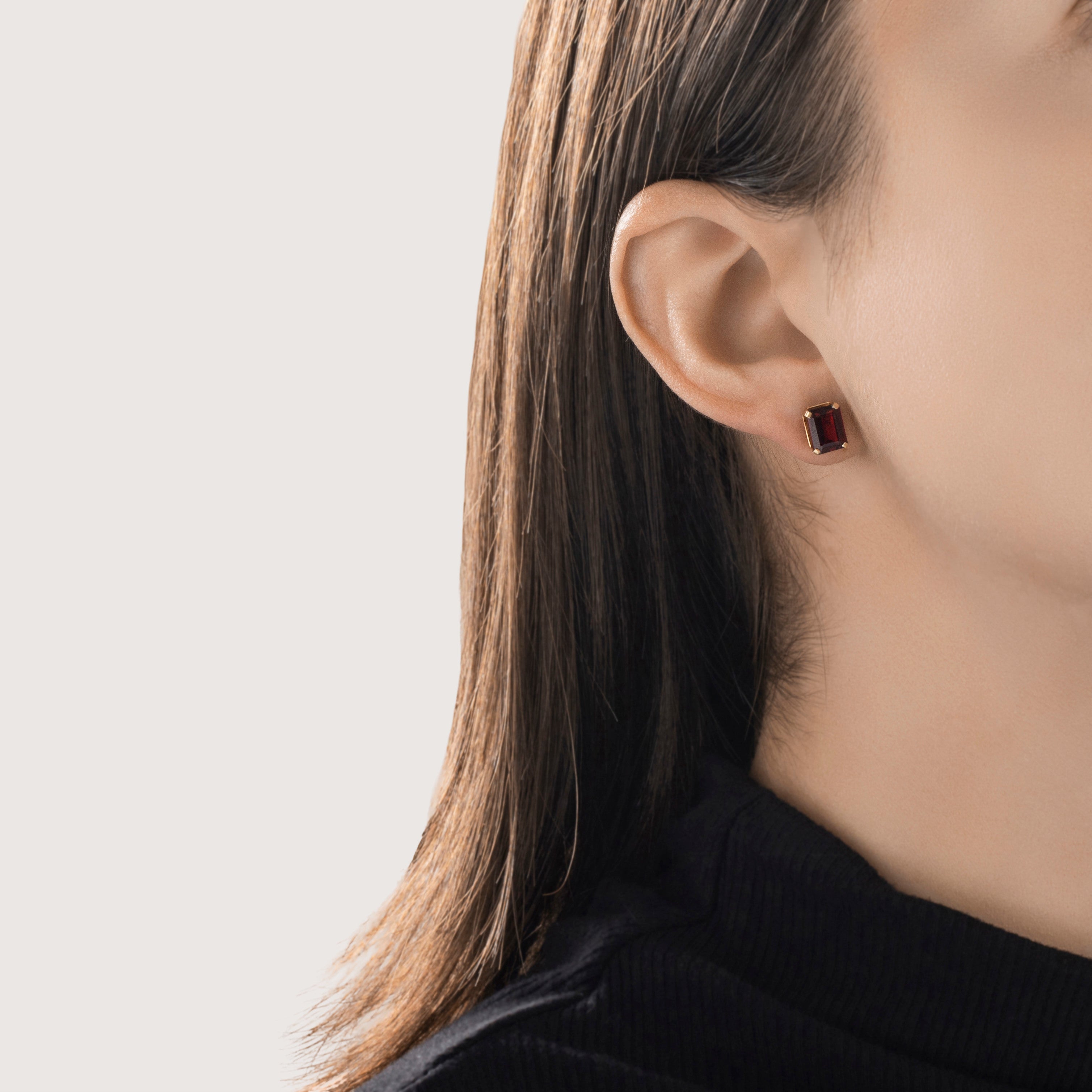 Vintage 14k Yellow Gold 4cttw Garnet Sleek Scarlet Stud Earrings - On model view