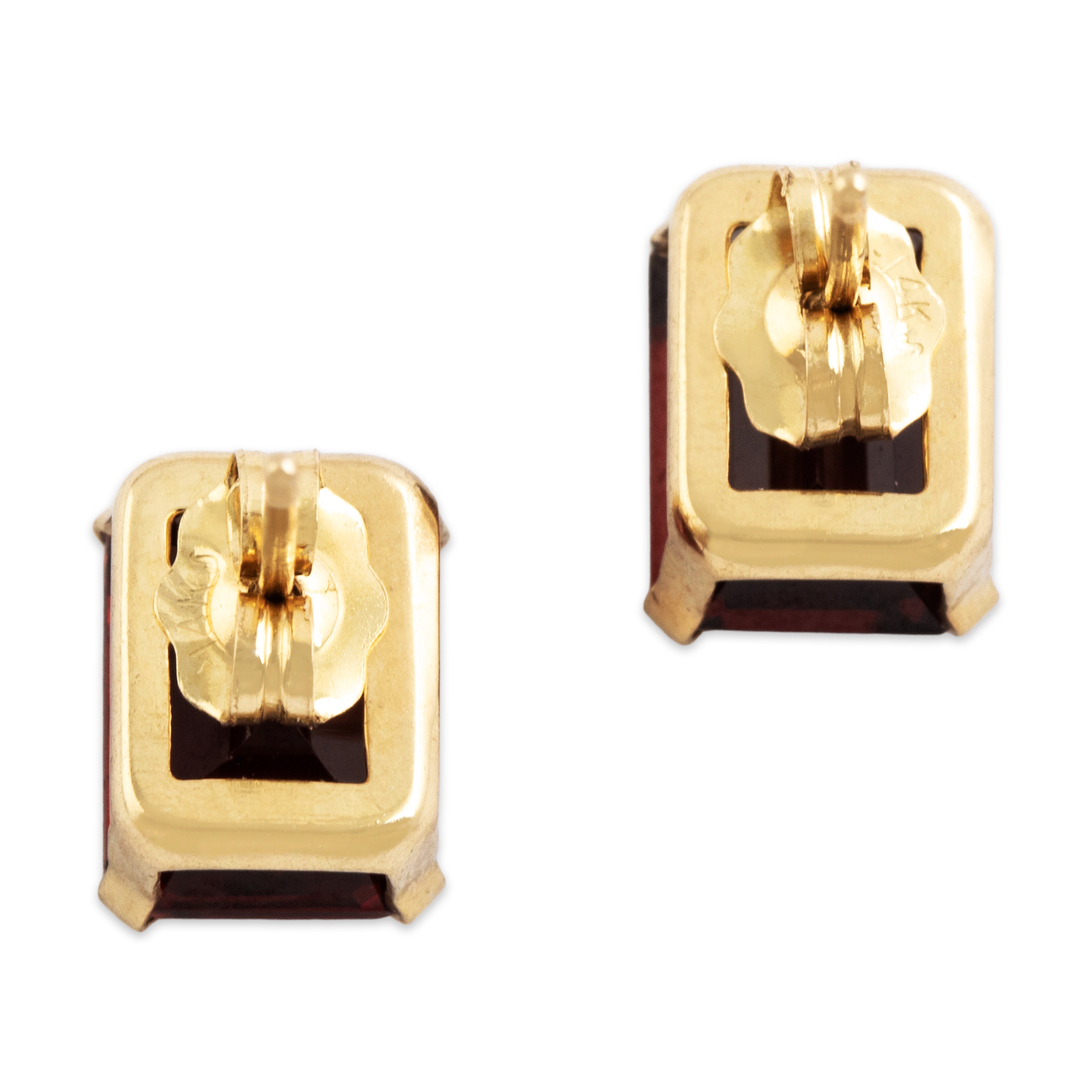 Vintage 14k Yellow Gold 4cttw Garnet Sleek Scarlet Stud Earrings - Back view