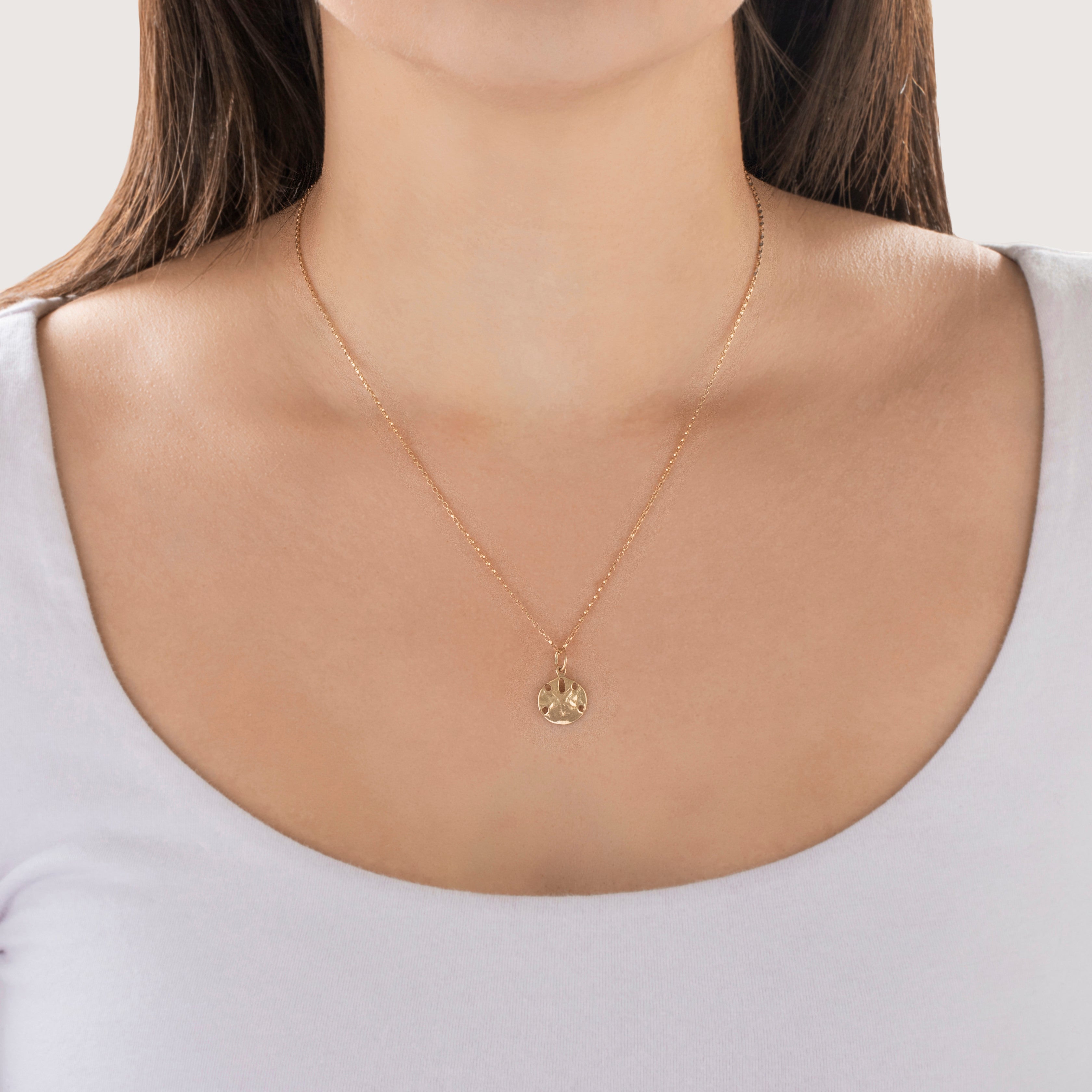 Vintage Small 14k Yellow Gold Lovely Sand Dollar Charm / Pendant - On model view