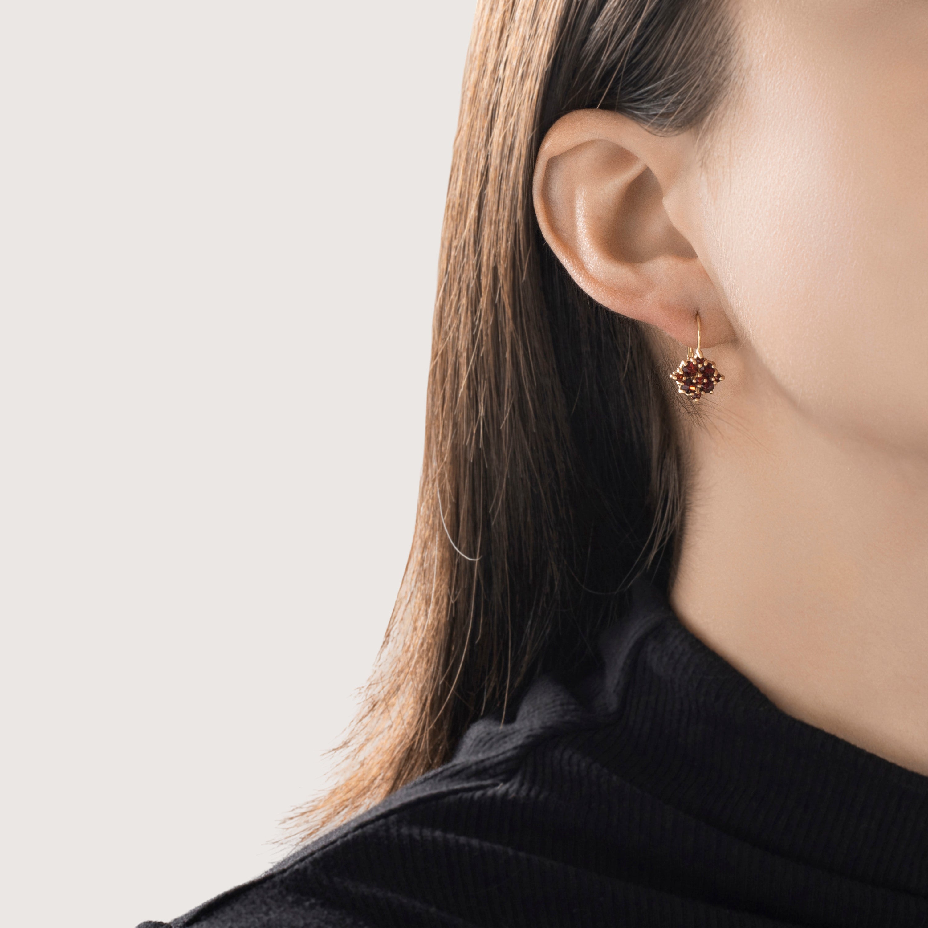 Vintage 14k Yellow Gold 1.4cttw Garnet Sparkling Scarlet Poinsettia Earrings - On model view