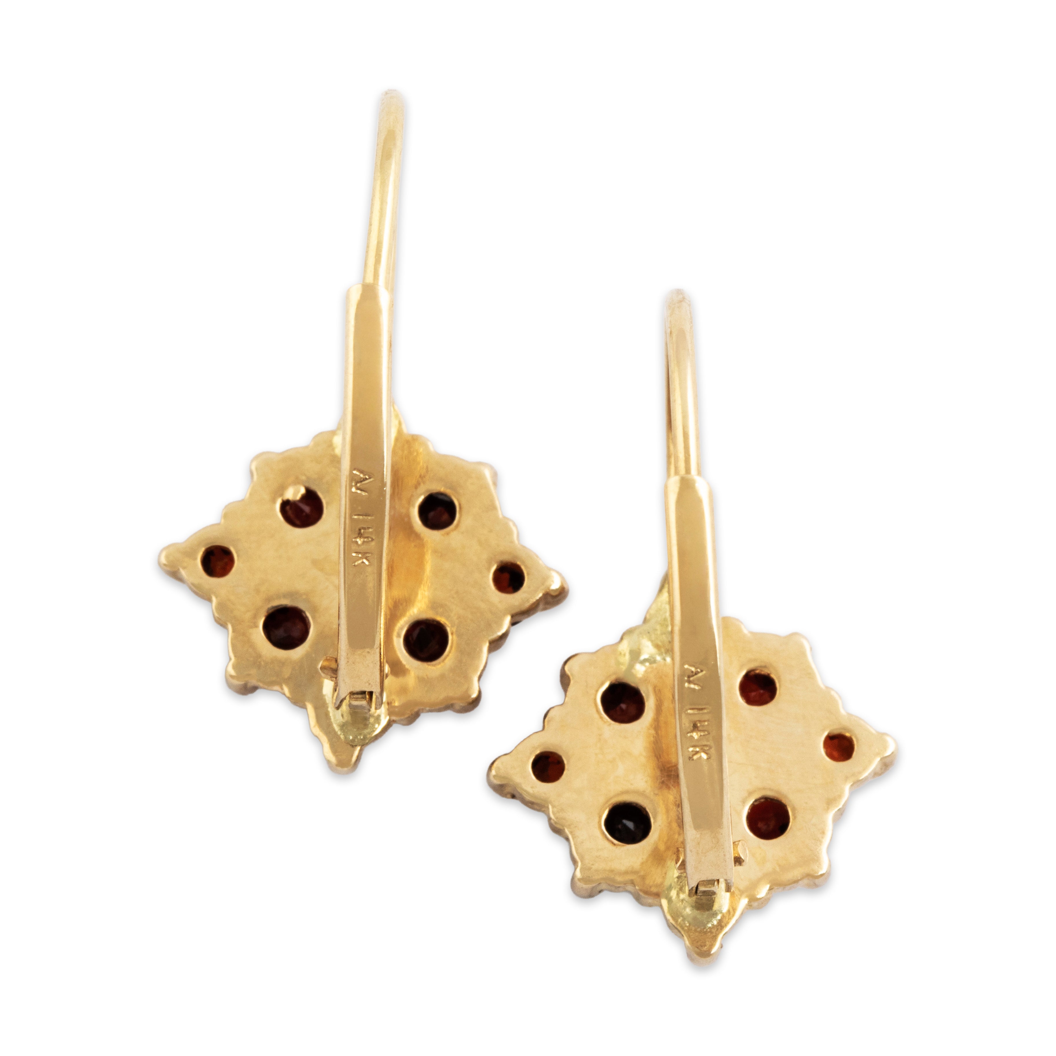 Vintage 14k Yellow Gold 1.4cttw Garnet Sparkling Scarlet Poinsettia Earrings - Back view