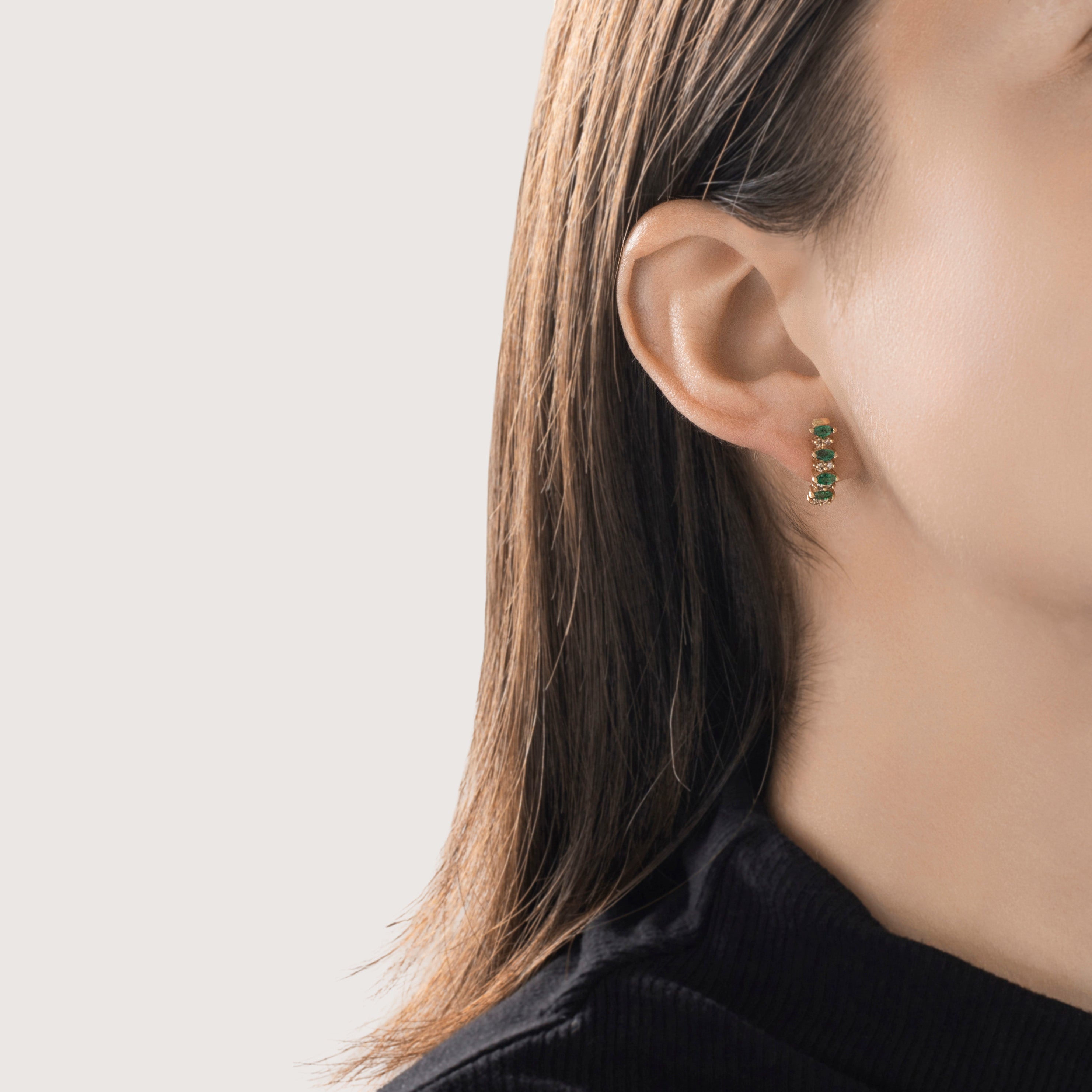 Vintage 14k Yellow Gold Emerald Diamond Lovely Alternating Ladder Stud Earrings - On model view