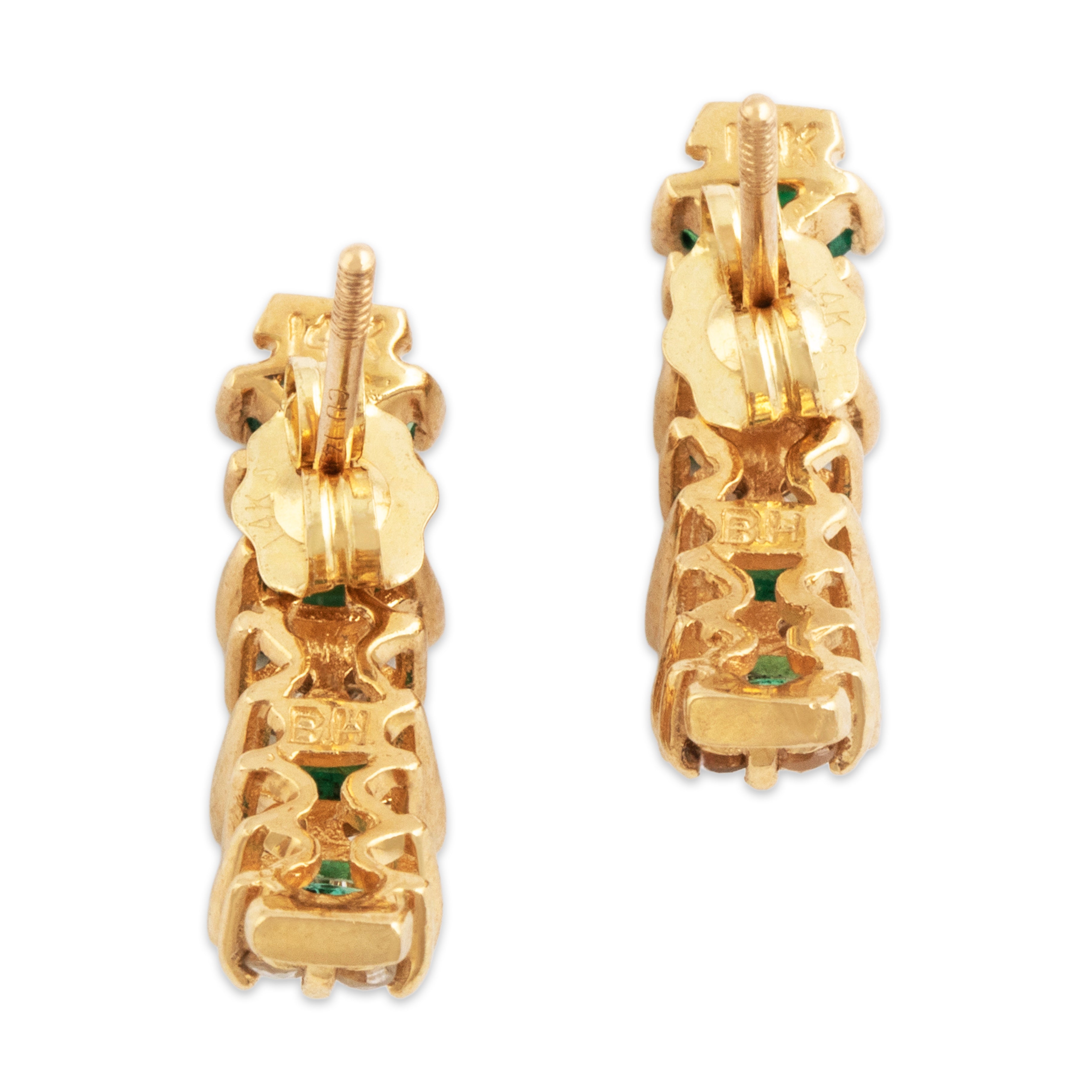 Vintage 14k Yellow Gold Emerald Diamond Lovely Alternating Ladder Stud Earrings - Back view