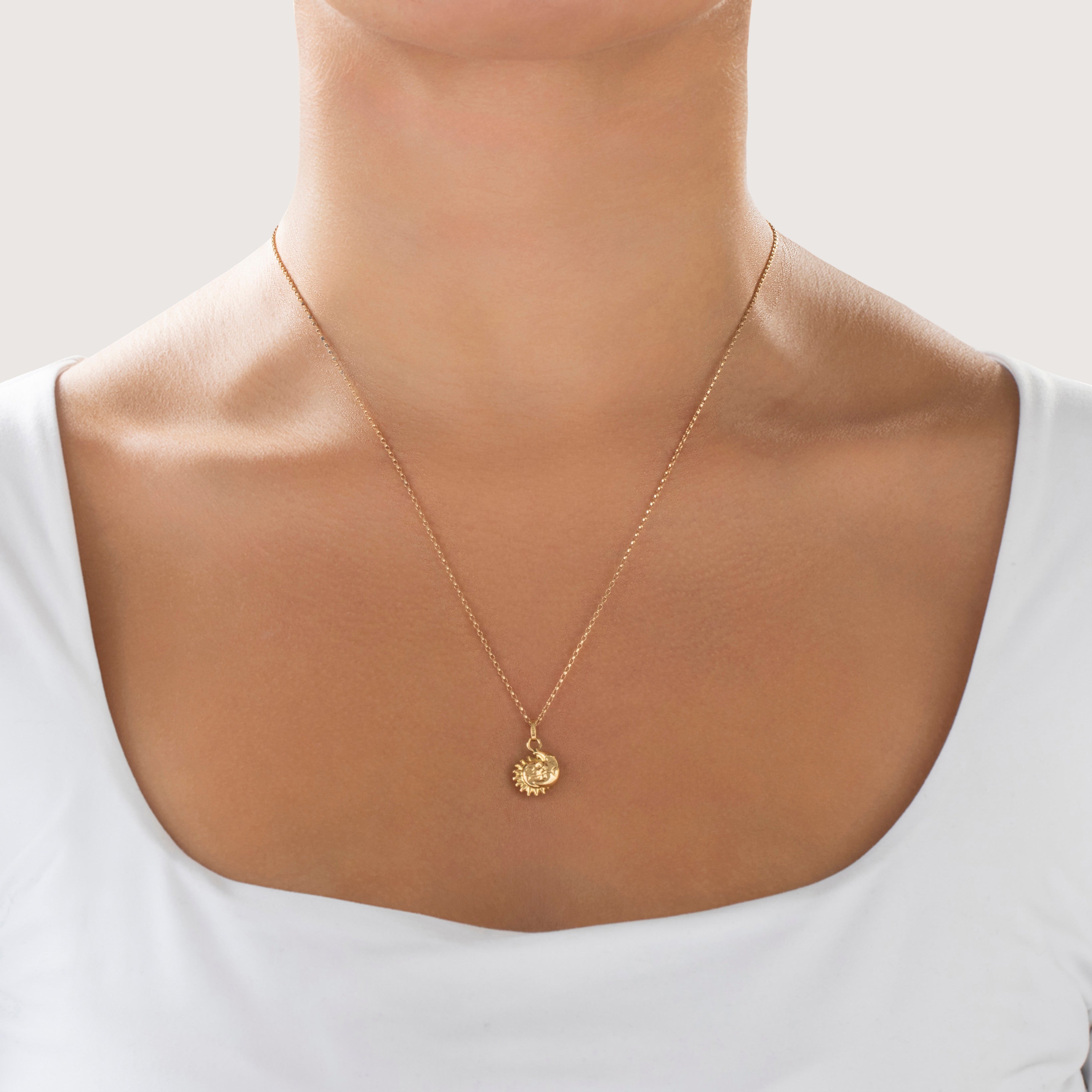 Vintage Small 18k Yellow Gold Sweet Celestial Sun & Moon Charm / Pendant - On model view