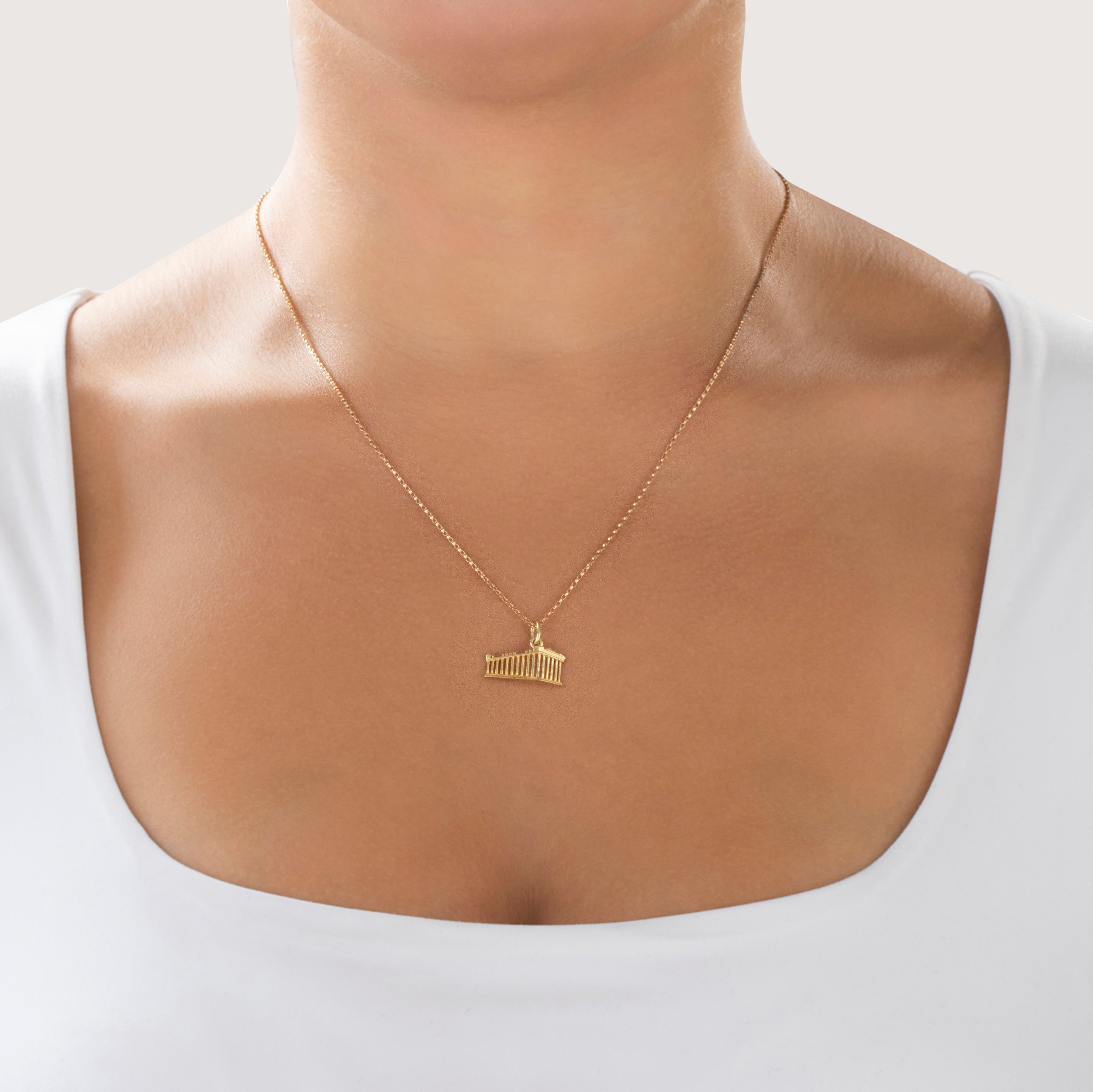 Vintage Lightweight 14k Yellow Gold Classical Greek Pantheon Charm / Pendant - On model view